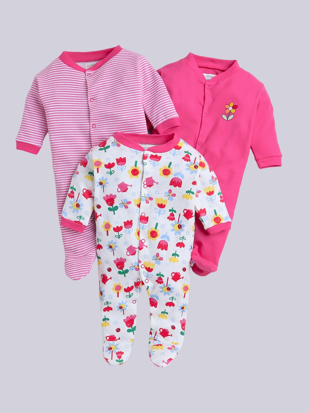 

BUMZEE Infant Girls Pack Of 3 Printed Cotton Sleepsuits, Pink