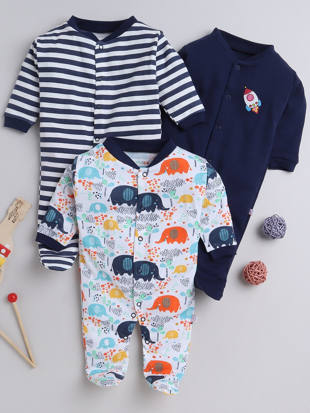

BUMZEE Infant Girls Pack Of 3 Printed Cotton Sleepsuits, Navy blue