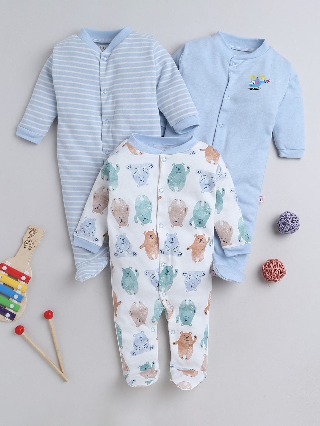

BUMZEE Infant Boys Pack Of 3 Printed Cotton Sleepsuits, Blue