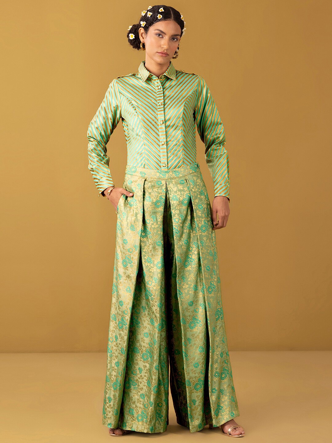 

Marigold by FableStreet Women Shirt With Wide Leg Palazzos, Blue