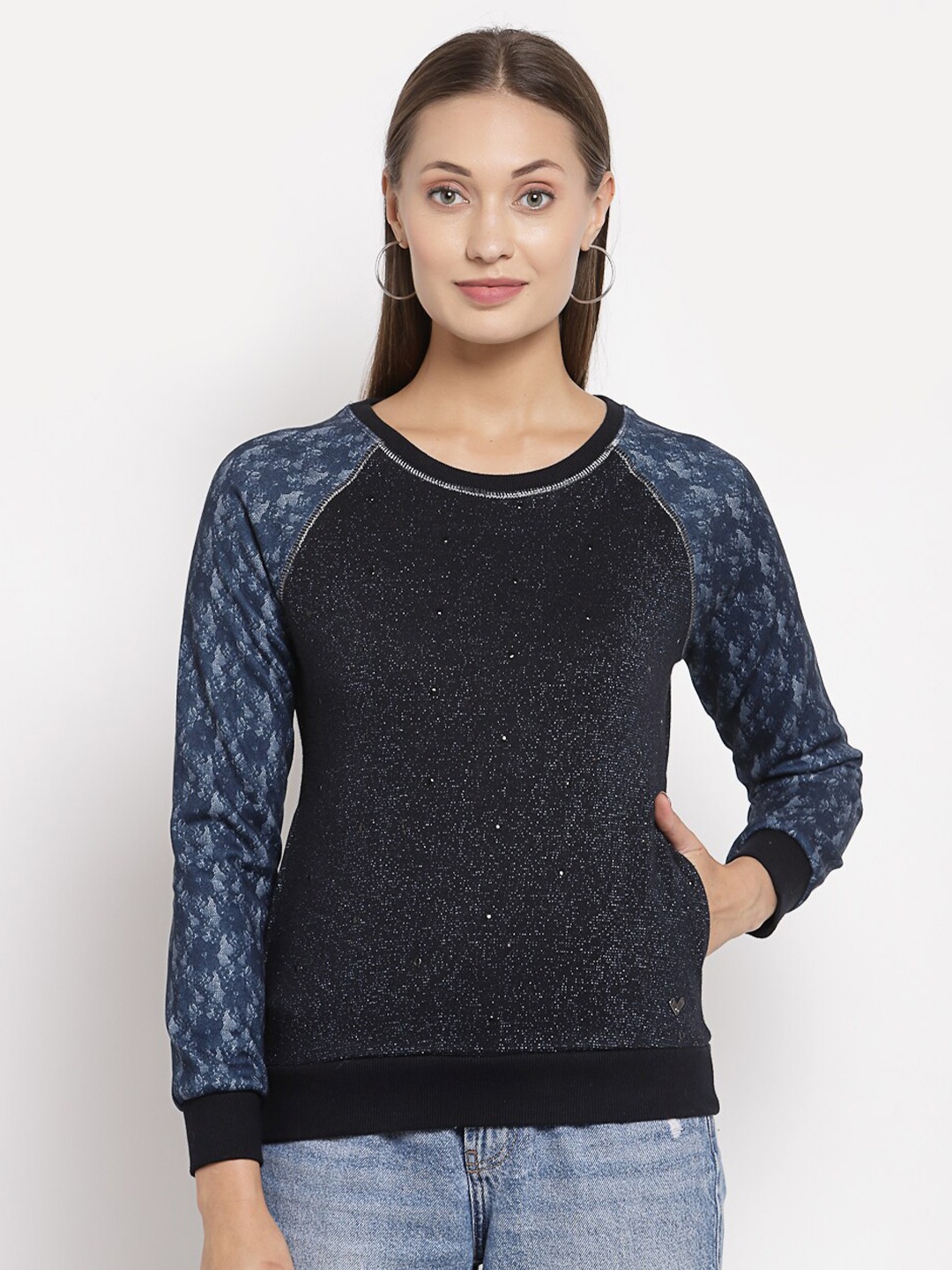 

Juelle Women Self Design Pullover Sweatshirt, Navy blue