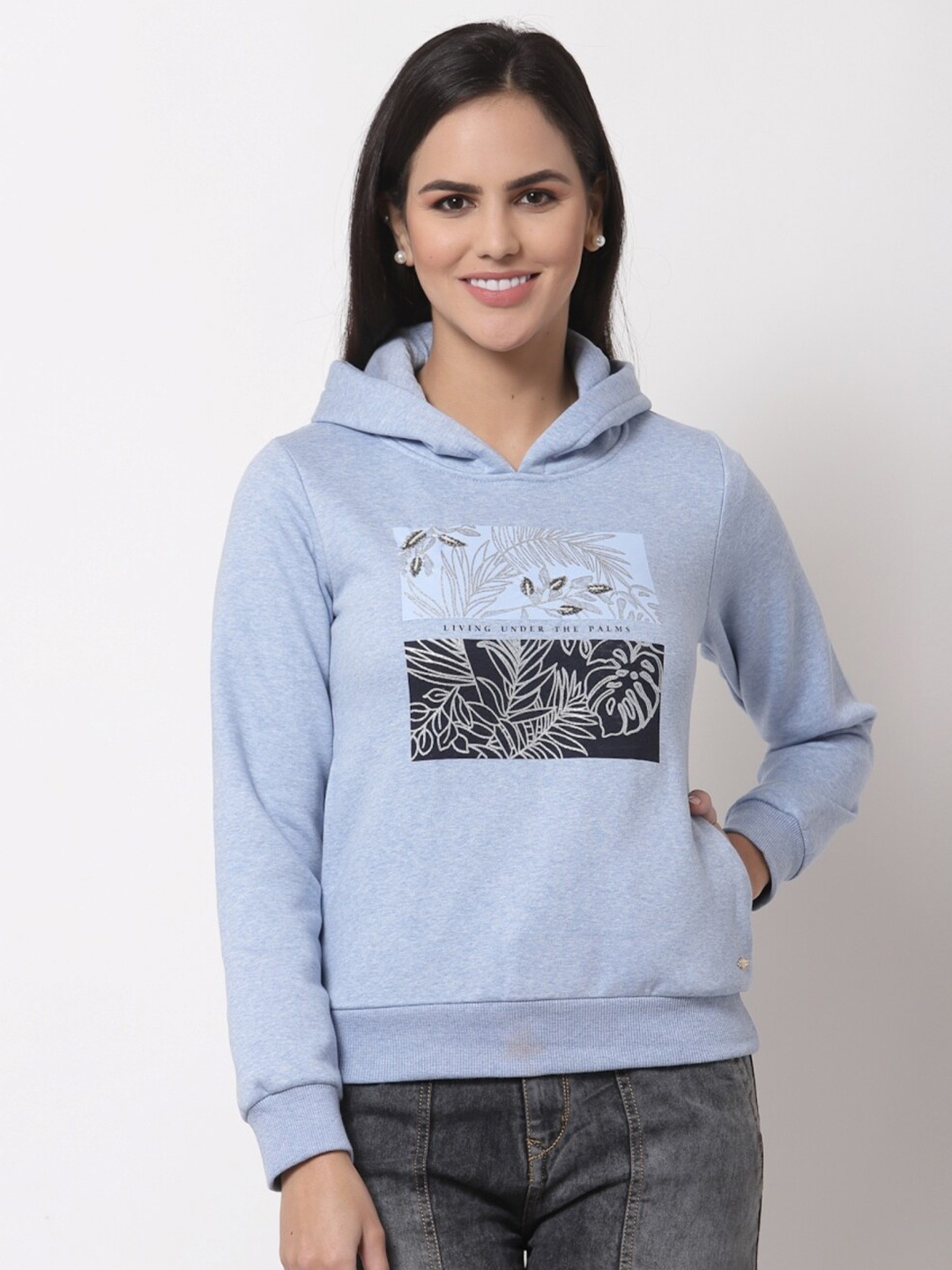 

Juelle Women Graphic Printed Hooded Fleece Pullover Sweatshirt, Blue