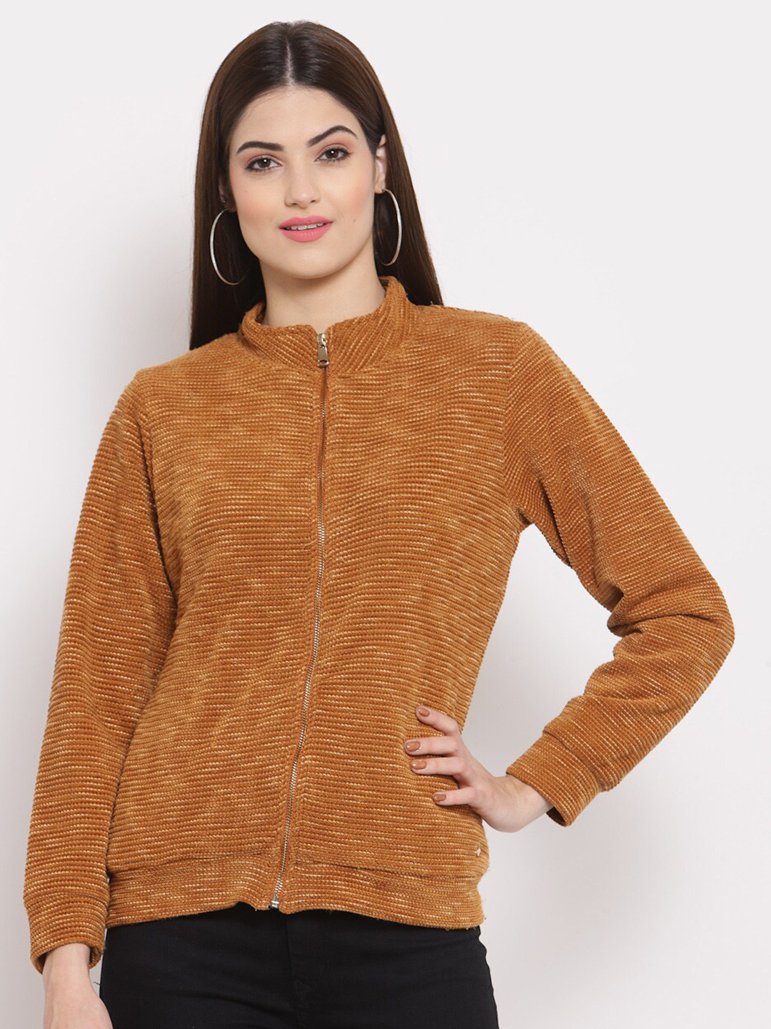 

Juelle Women Front-Open Mock collar Sweatshirt, Mustard