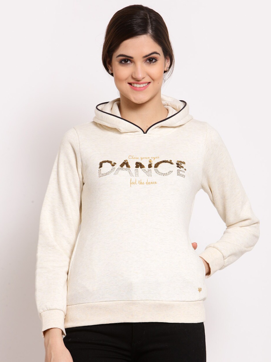 

Juelle Women Printed Hooded Pullover Fleece Sweatshirt, Cream