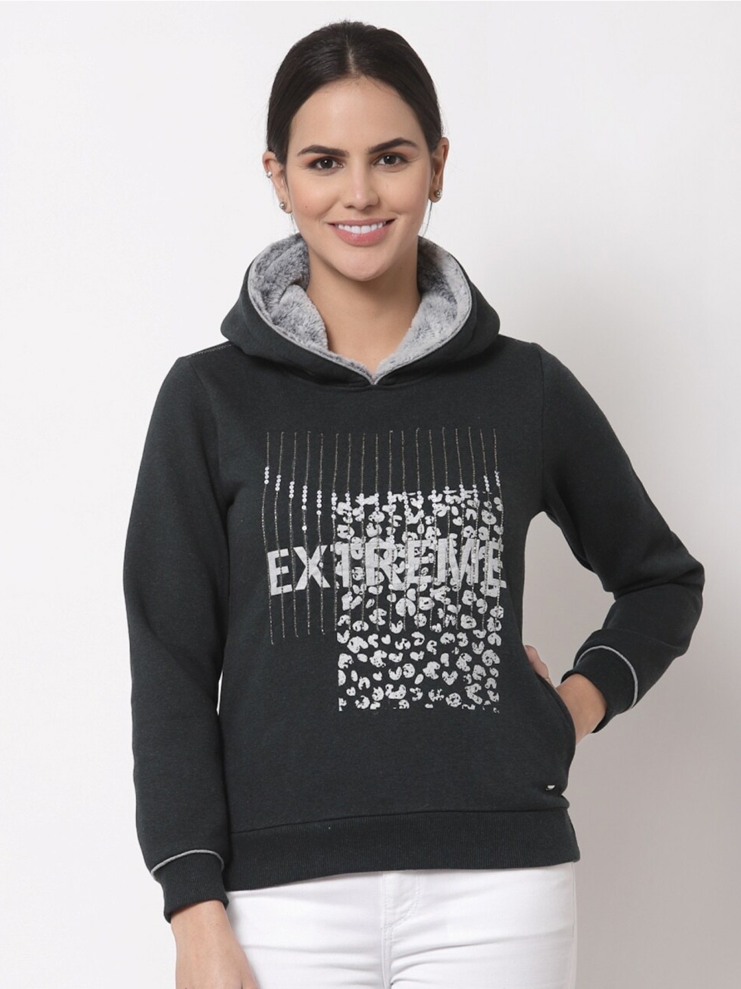 

Juelle Women Graphic Printed Hooded Fleece Pullover Sweatshirt, Grey
