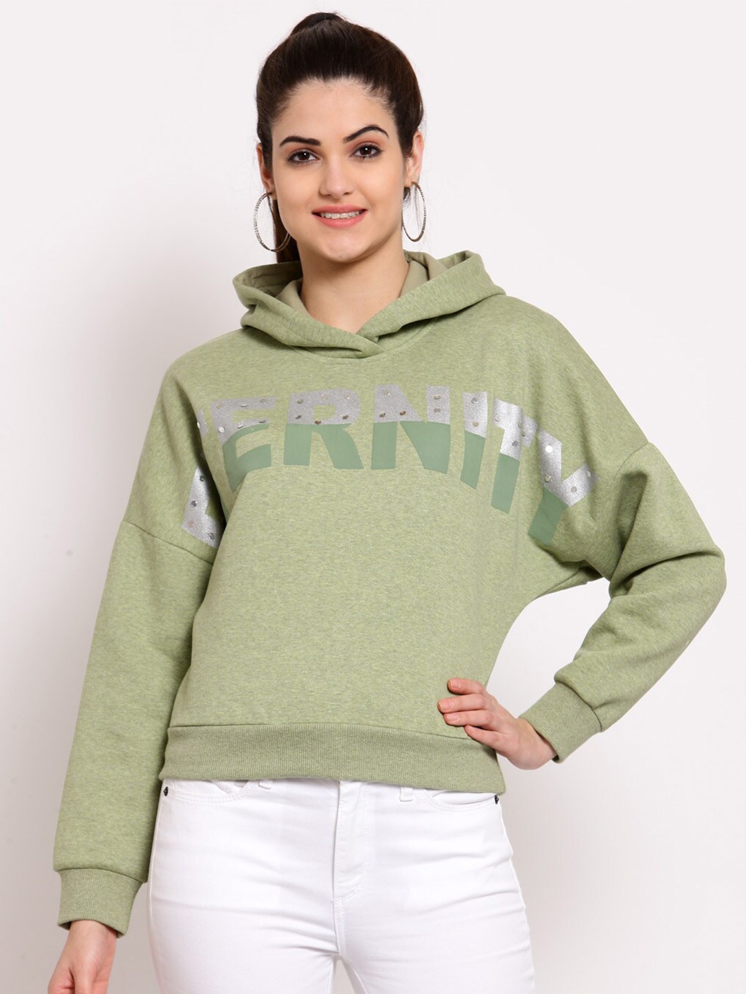 

Juelle Women Alphanumeric Printed Hooded Pullover Sweatshirt, Green