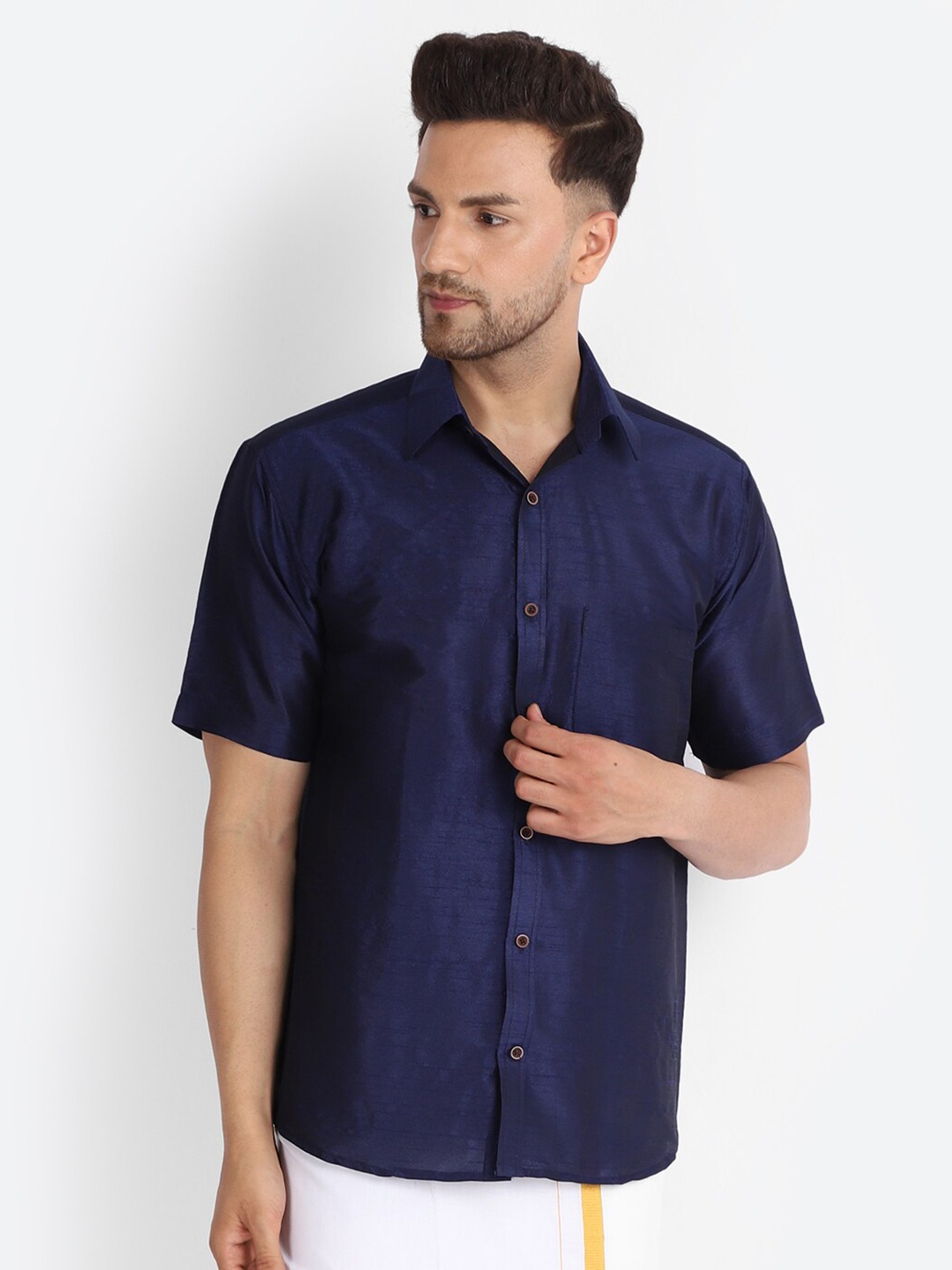 

Kaifoo Men Navy Party Silk Shirt, Navy blue