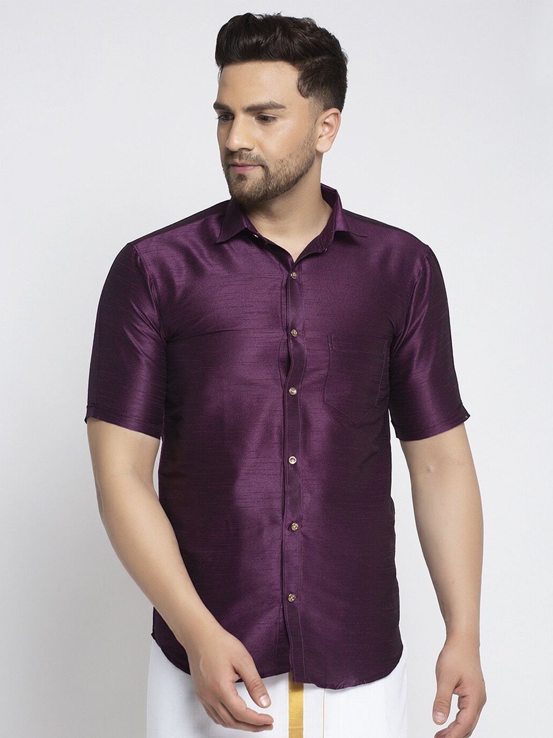 

Kaifoo Men Short Sleeves Silk Casual Shirt, Purple