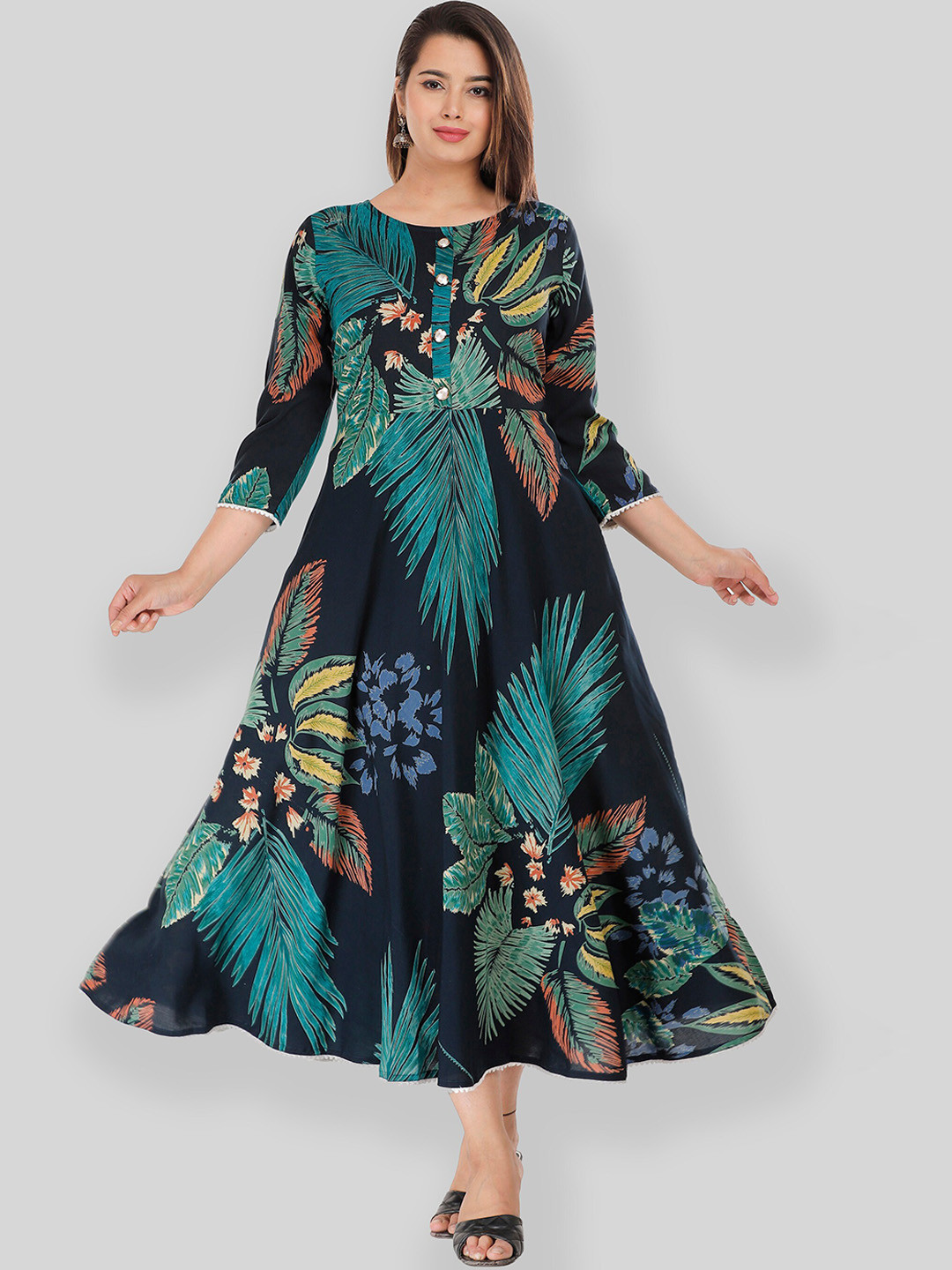 

KALINI Tropical Printed Midi Dress, Navy blue