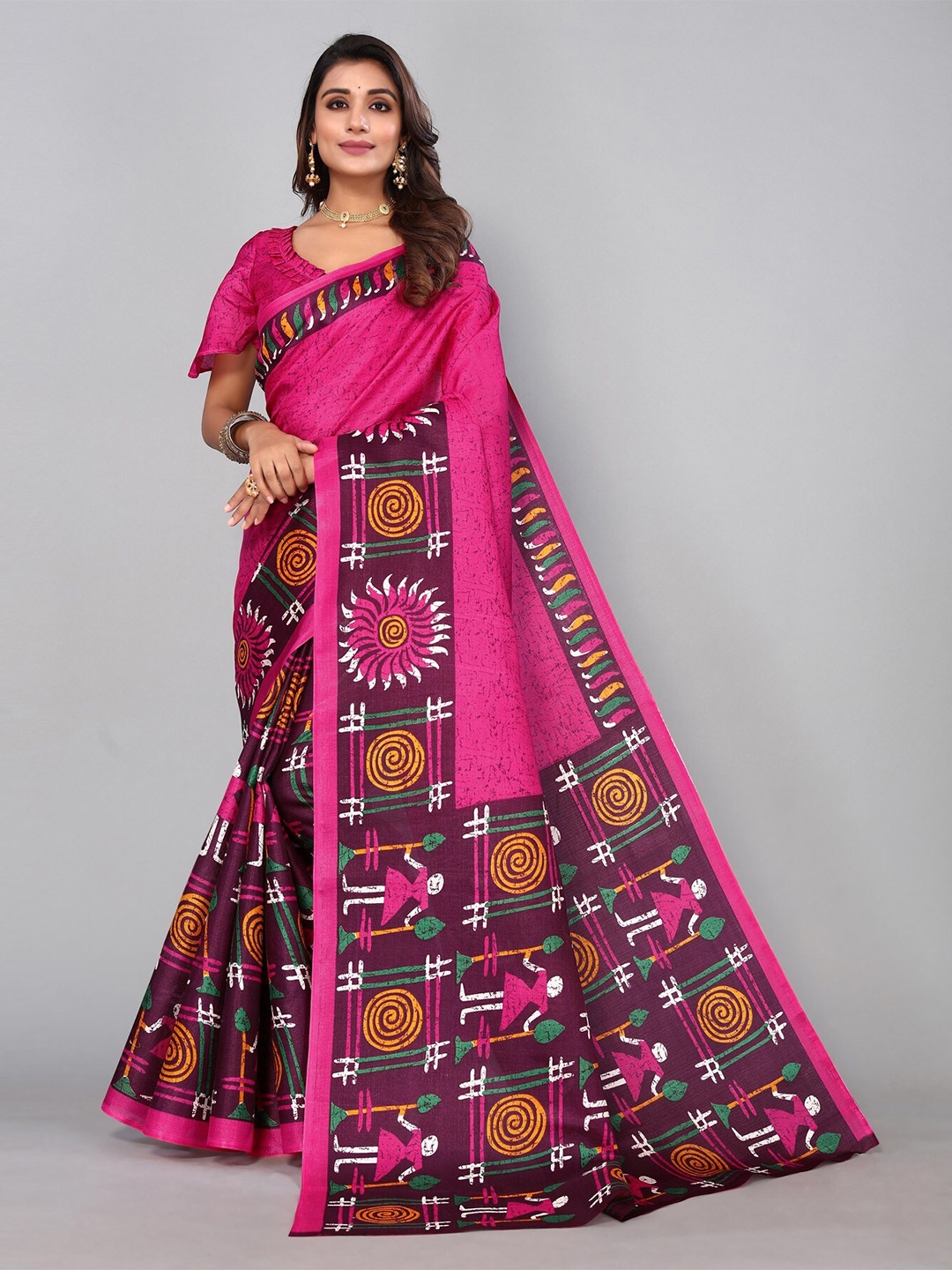 

KALINI Floral Printed Art Silk Saree with Unstitched Blouse Piece, Purple