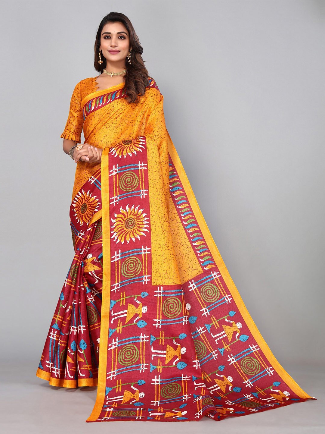 

KALINI Floral Printed Art Silk Saree, Red