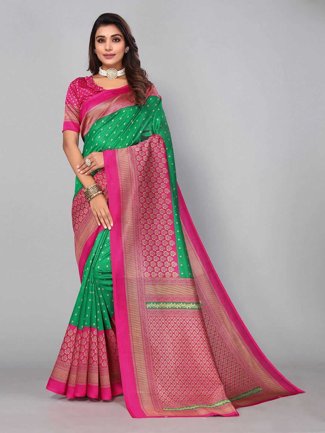 

KALINI Ethnic Motifs Printed Festive Saree, Green