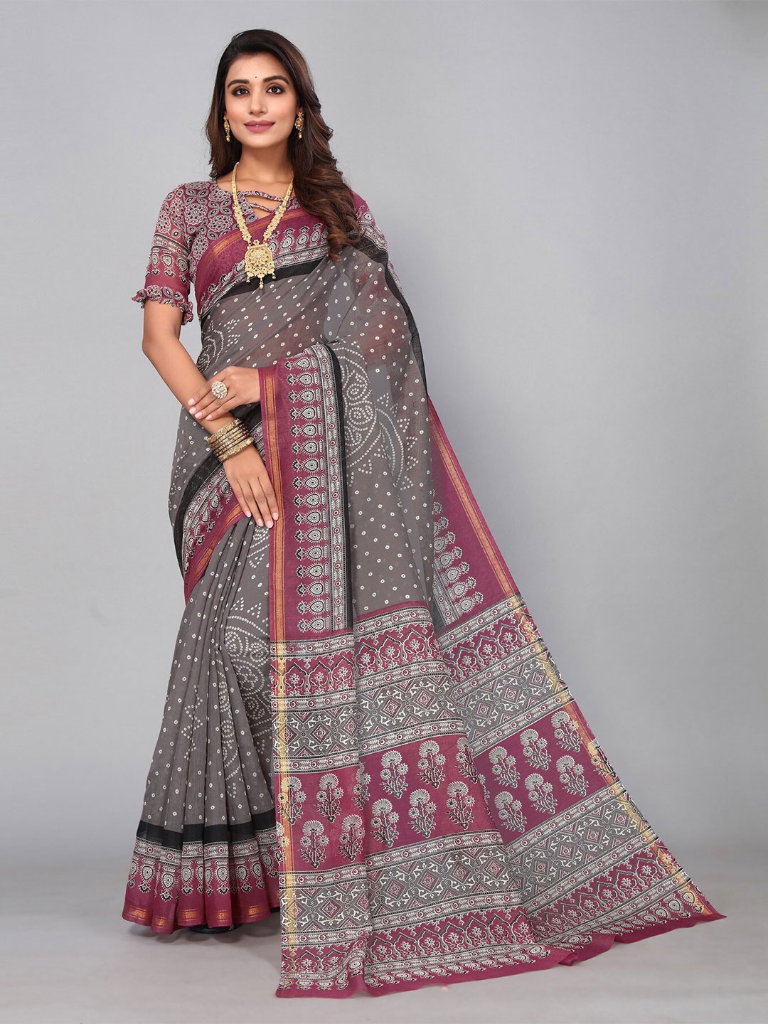 

KALINI Bandhani Zari Linen Blend Saree, Grey