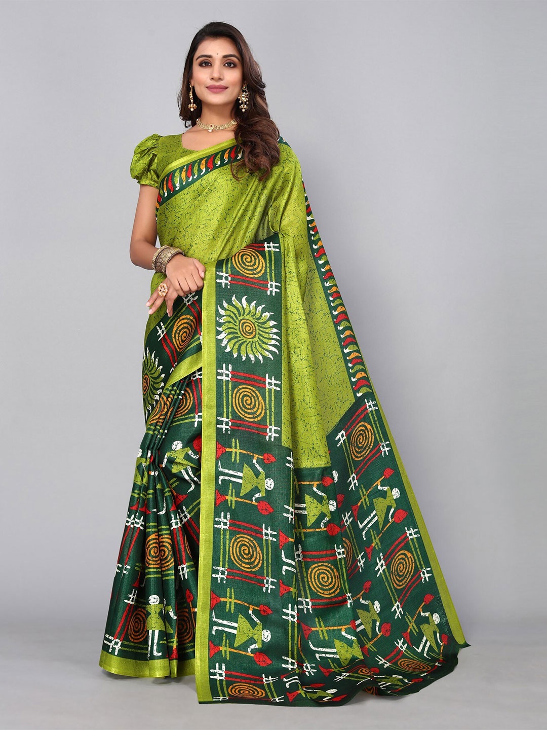

KALINI Floral Printed Zari Art Silk Saree, Green
