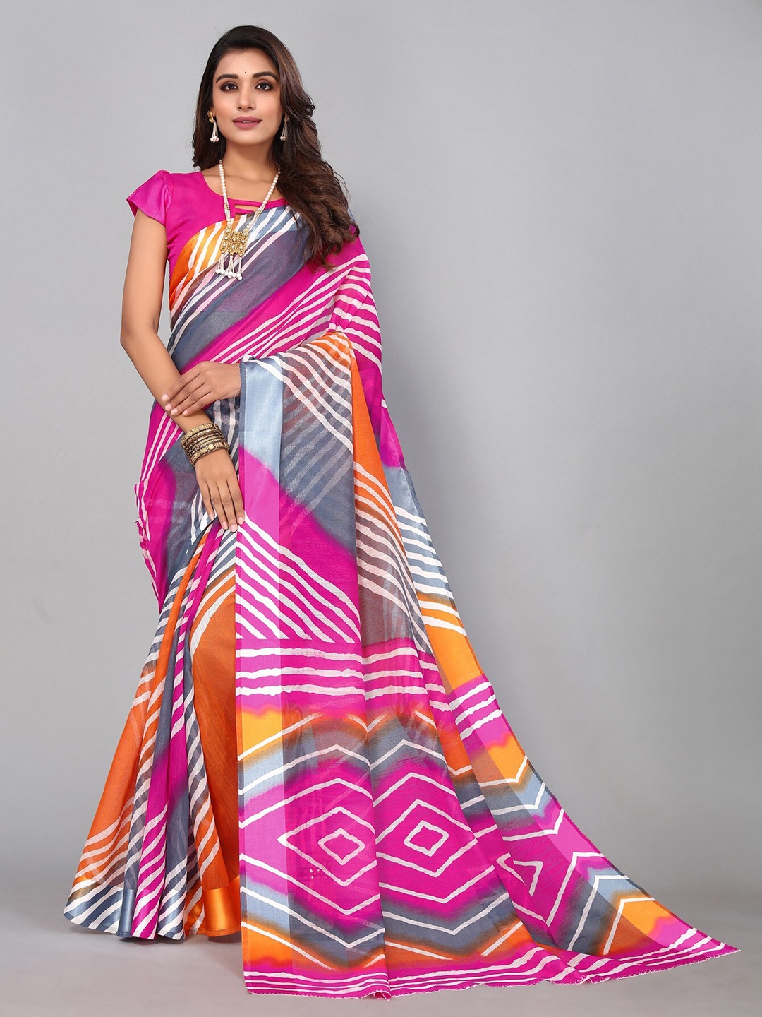 

KALINI Striped Linen Blend Saree, Pink