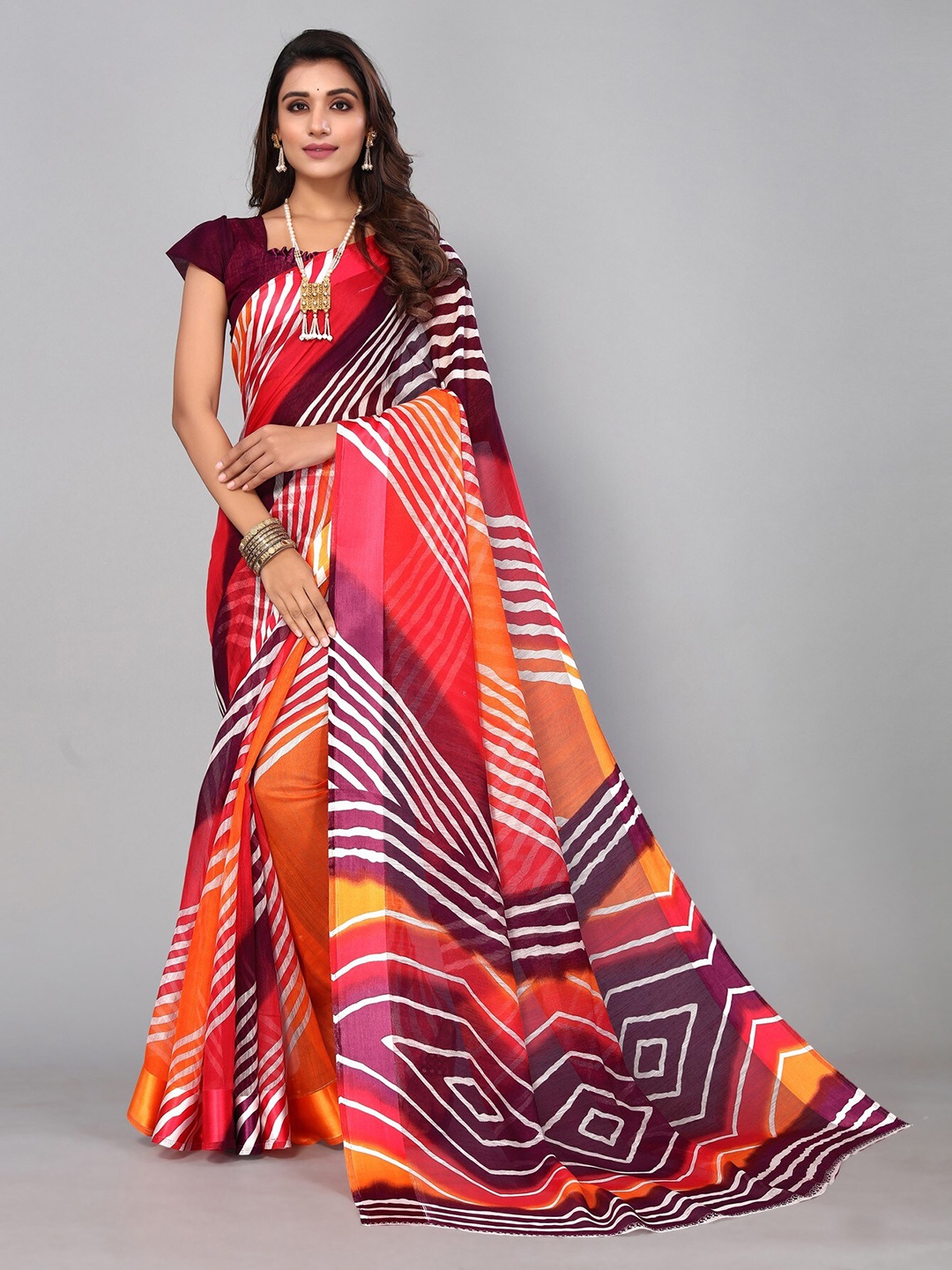 

KALINI Printed Striped Saree, Orange