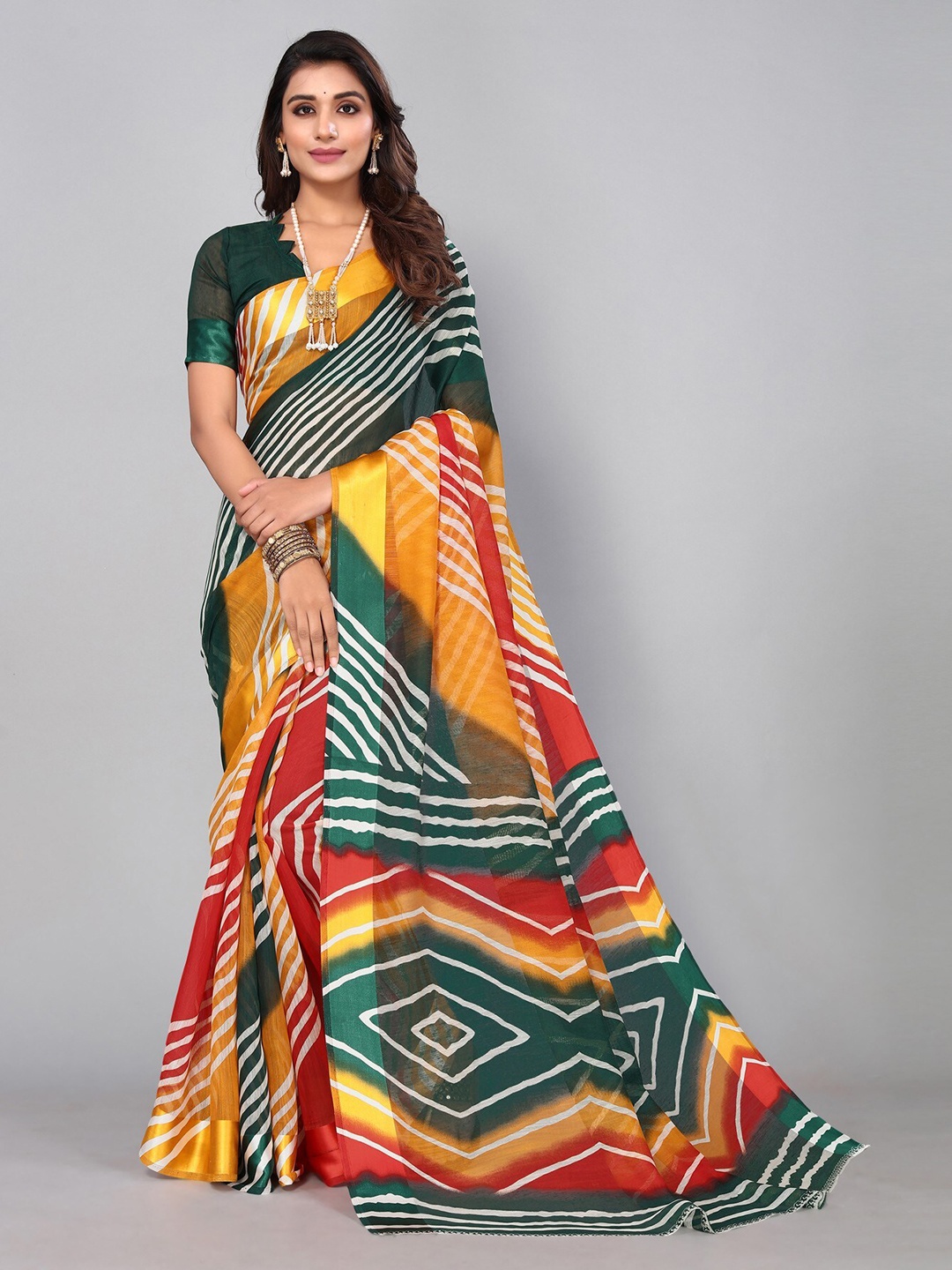 

KALINI Green & Yellow Striped Linen Blend Saree