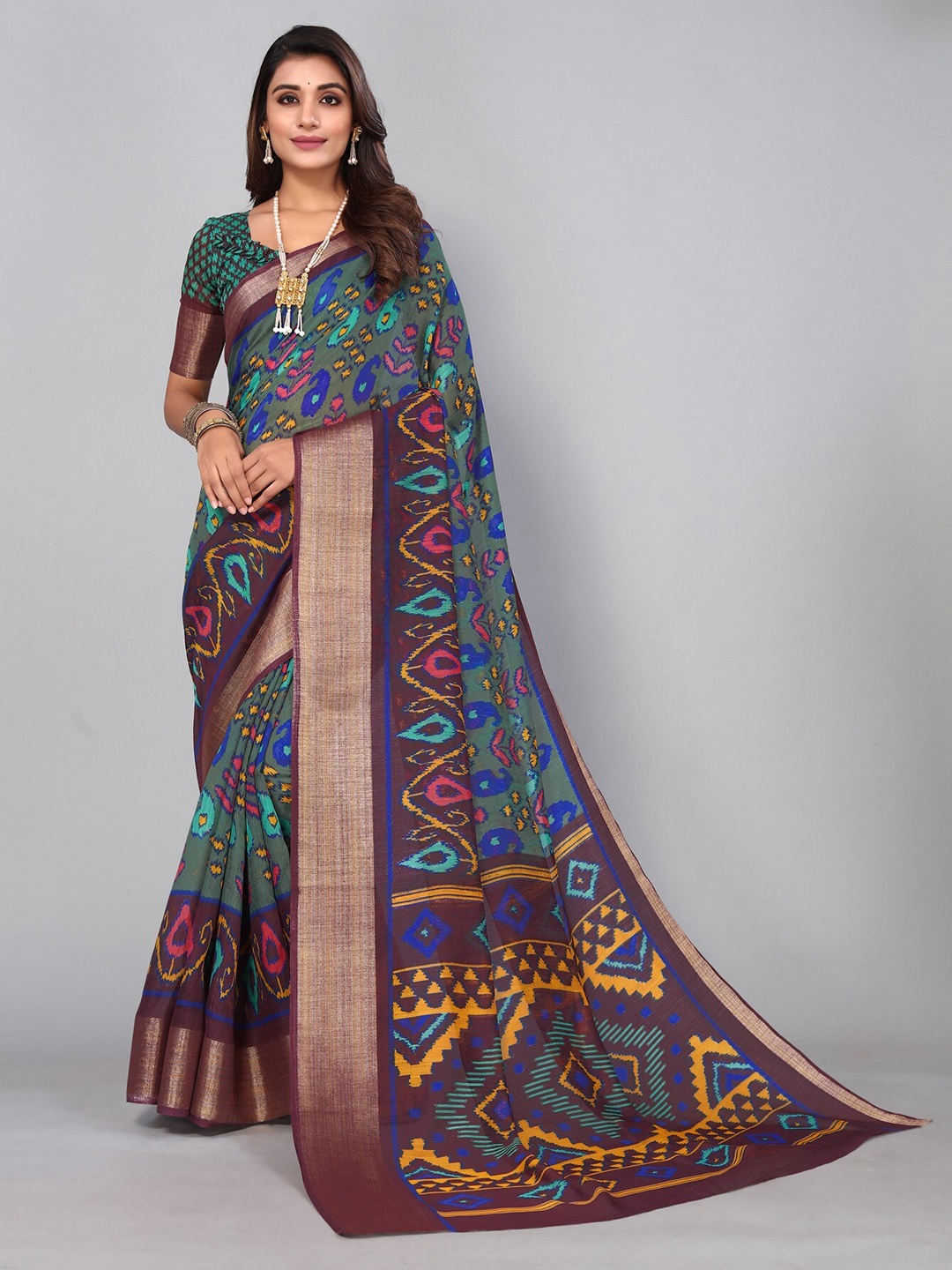 

KALINI Paisley Printed Zari Bordered Saree, Blue