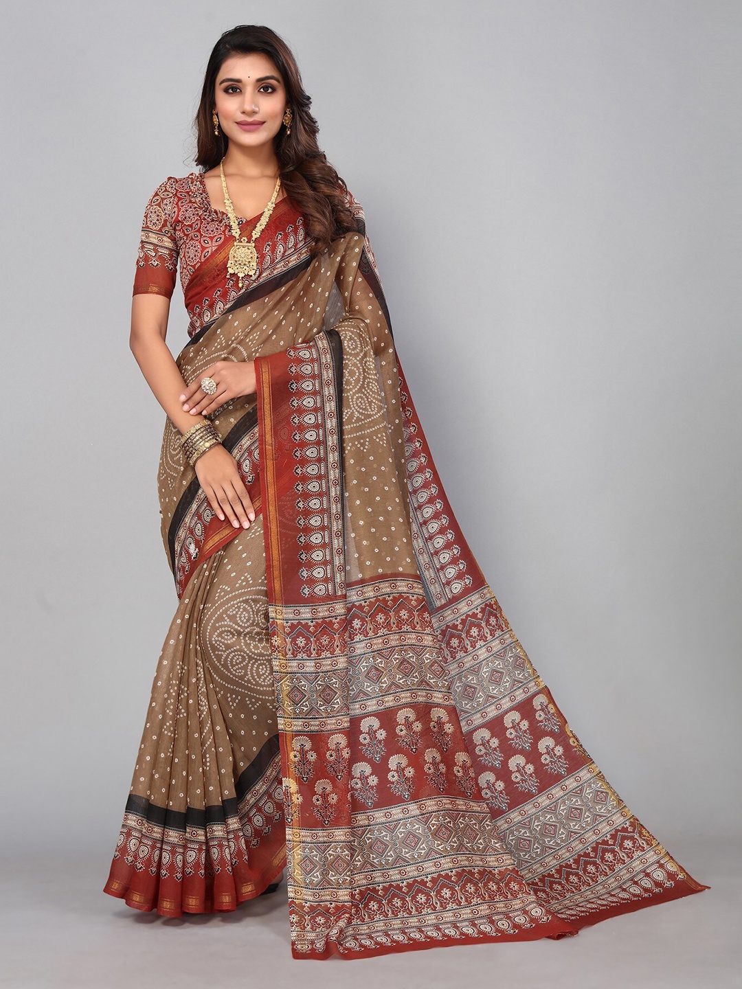 

KALINI Bandhani Linen Blend Saree, Brown