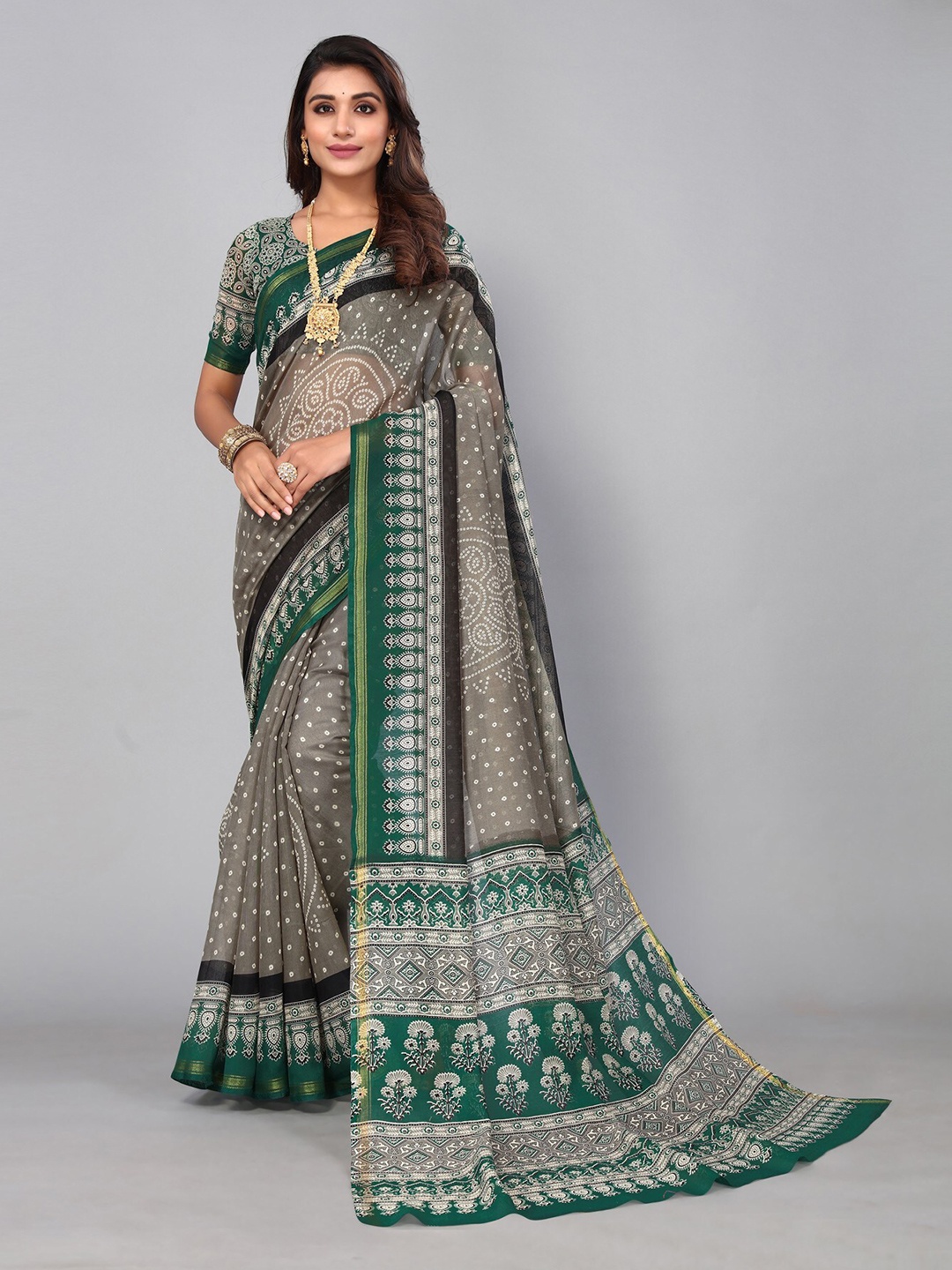 

KALINI Bandhani Zari Linen Blend Saree, Green