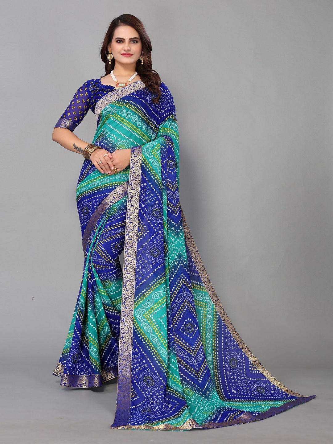 

KALINI Printed Bandhani Zari Saree, Blue