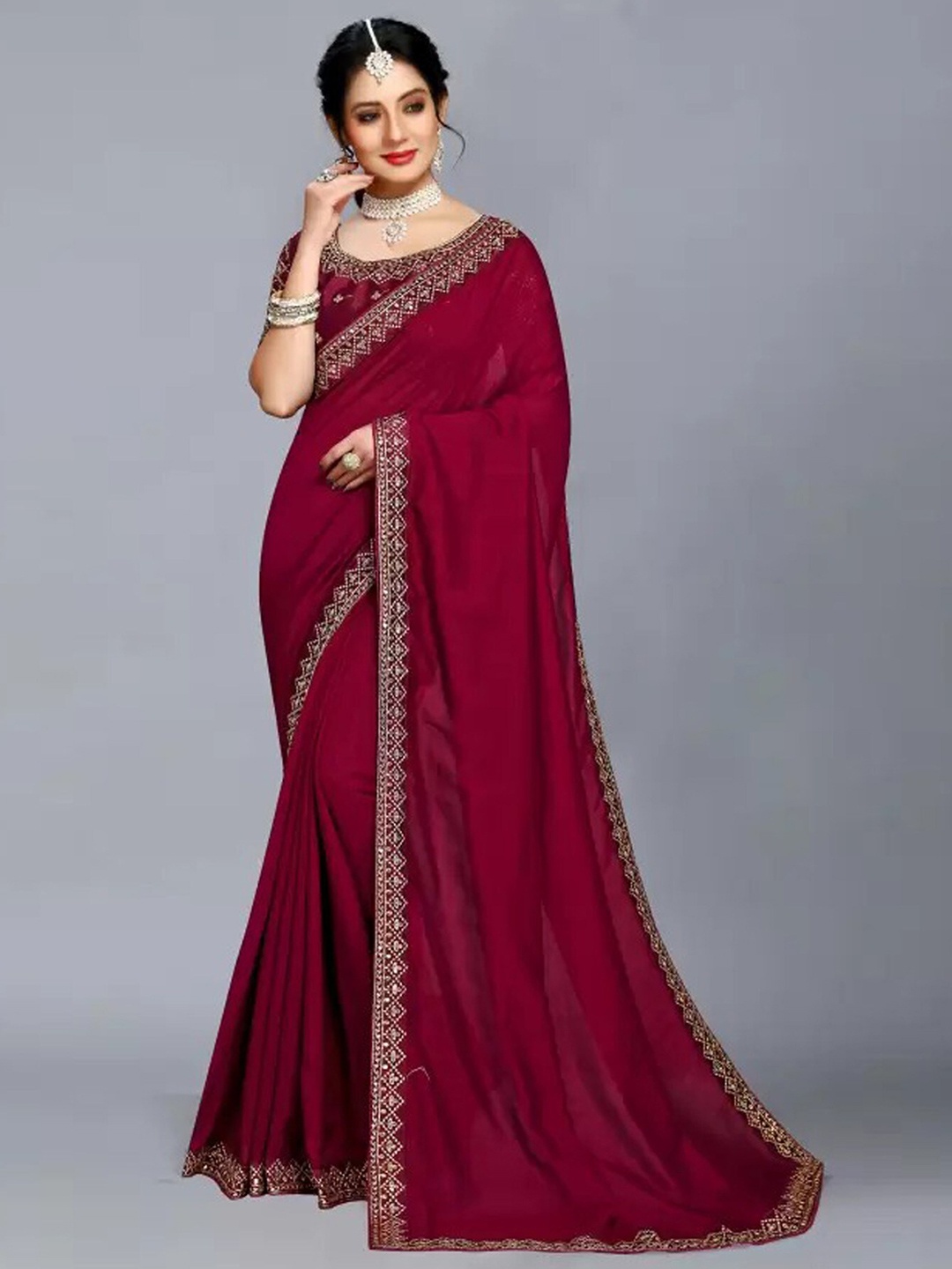 

KALINI Embroidered Art Silk Saree, Red