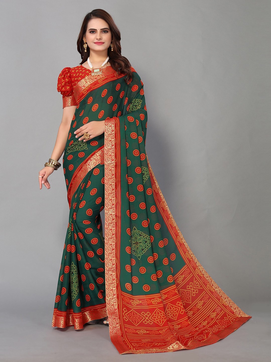 

KALINI Printed Bandhani Saree, Green
