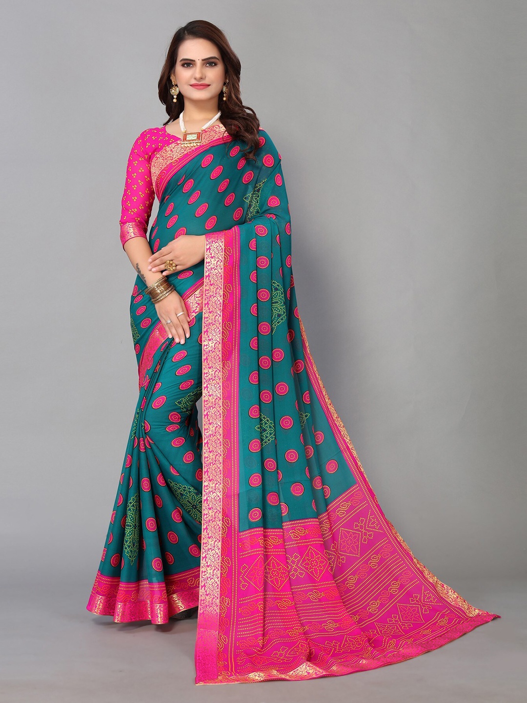 

KALINI Printed Bandhani Zari Saree, Teal