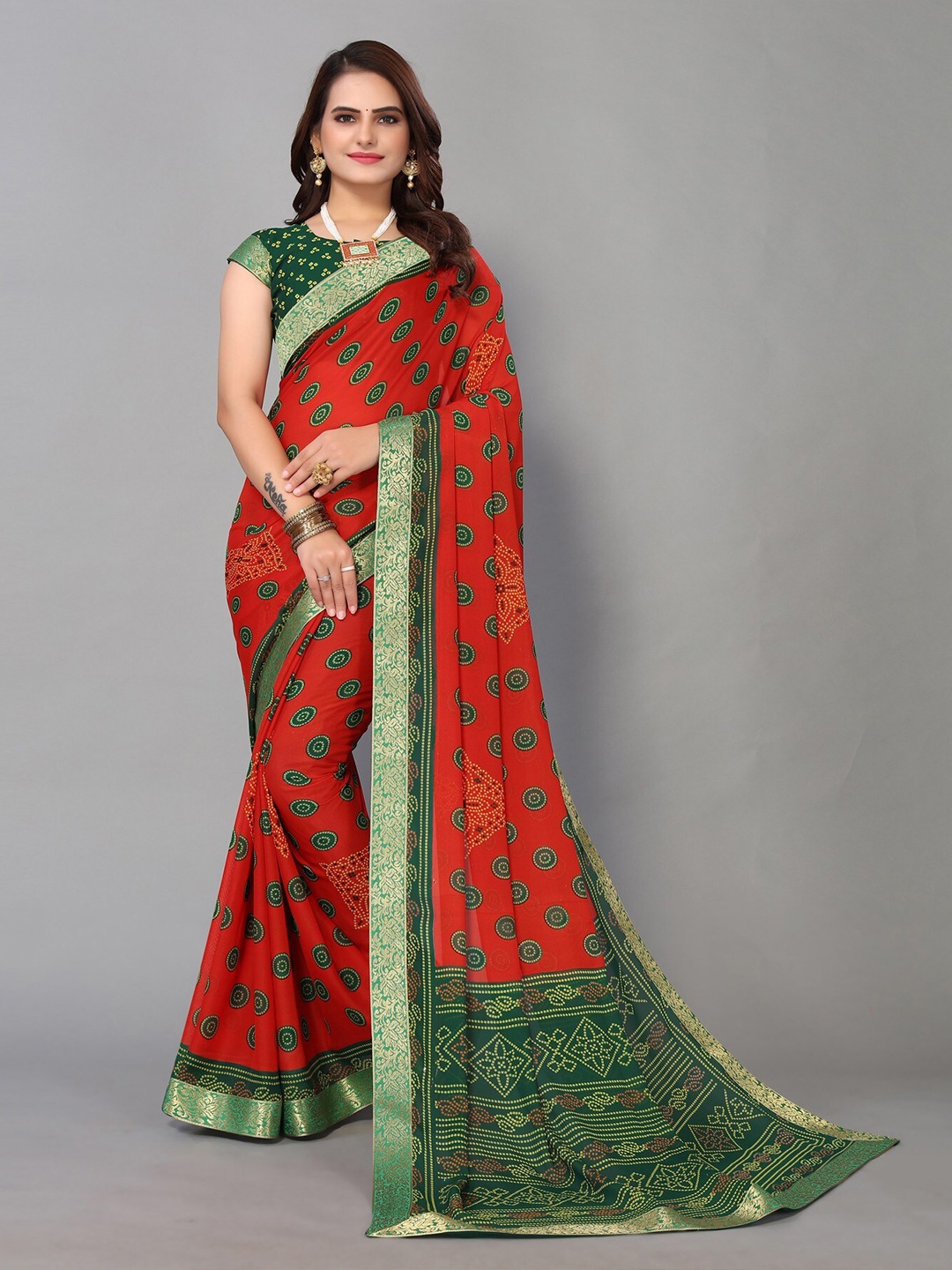

KALINI Bandhani Zari Saree, Red