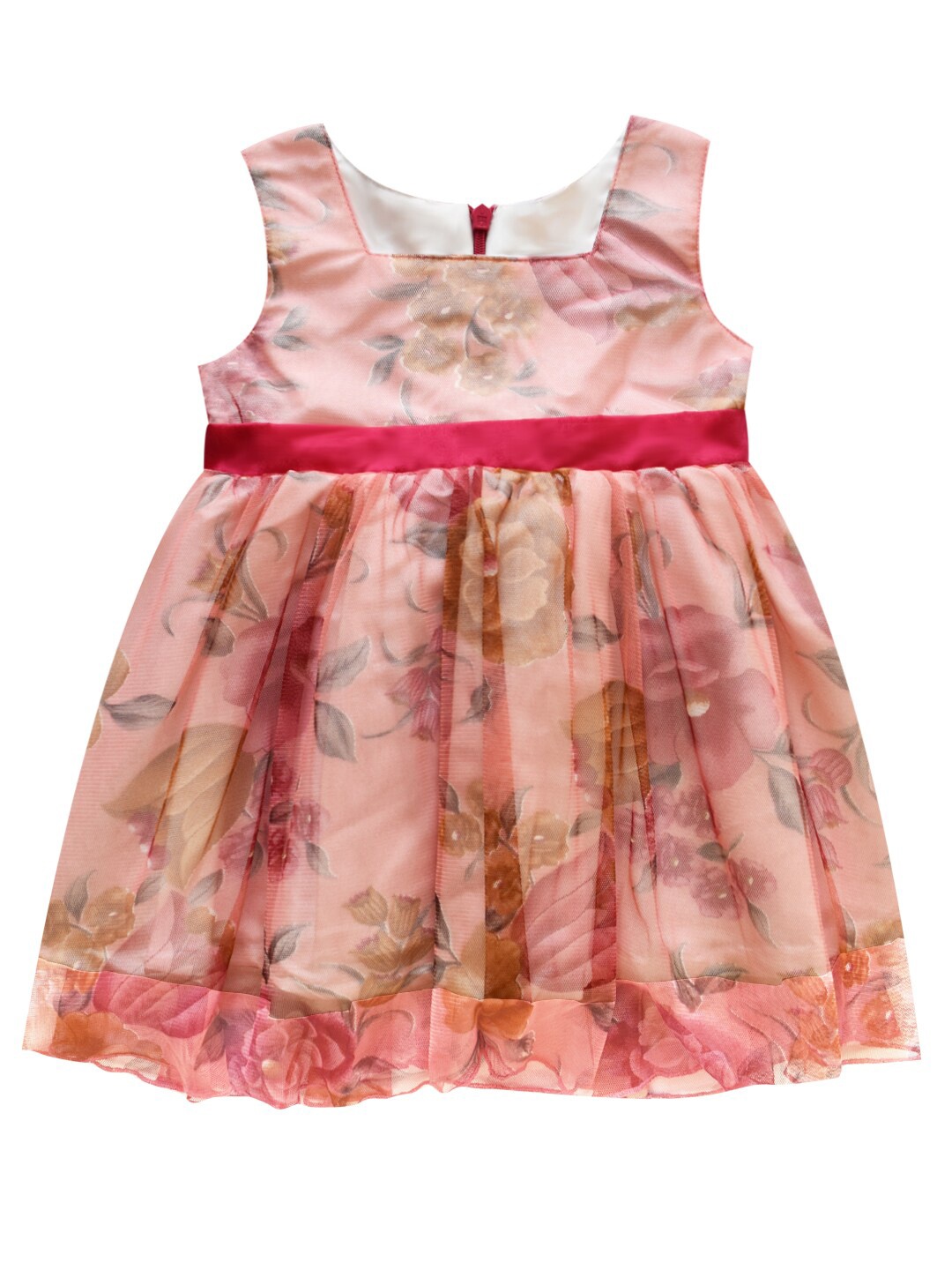 

milou Girls Floral Printed Lace Detailed Belted Pure Cotton Empire Dress, Peach