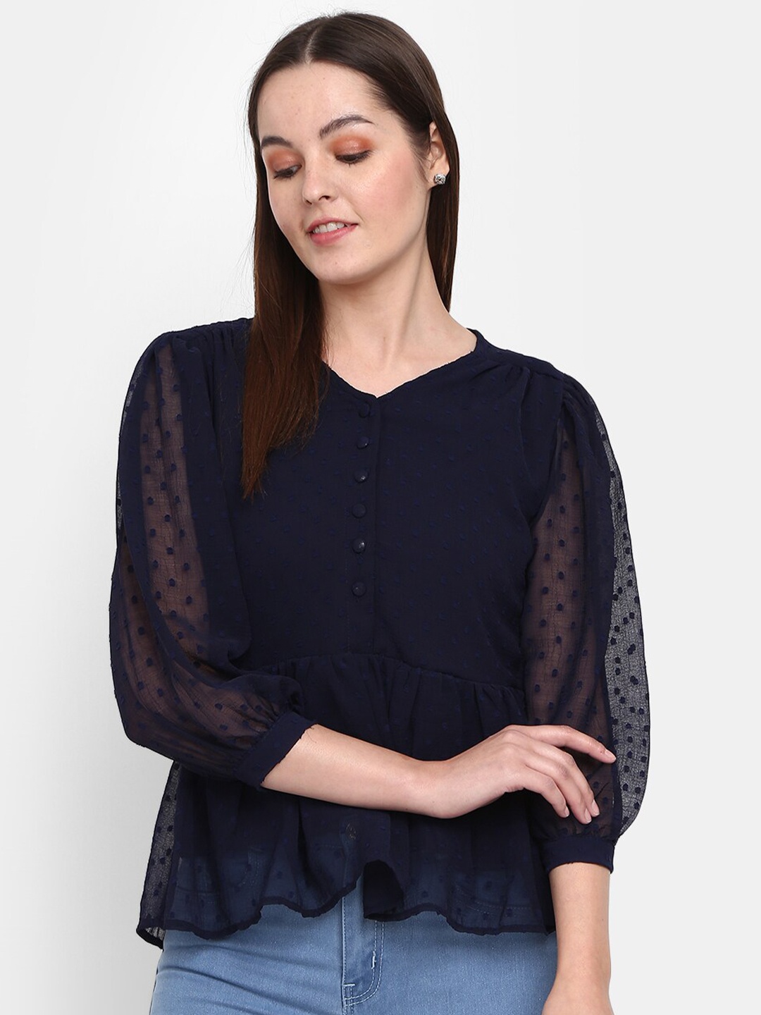 

V-Mart Self Design Indigo Peplum Top, Navy blue