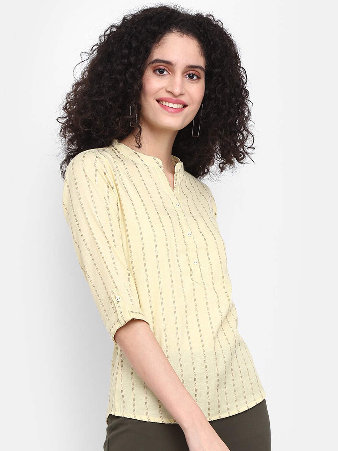 

V-Mart Striped Mandarin Collar Shirt Style Cotton Top, Yellow