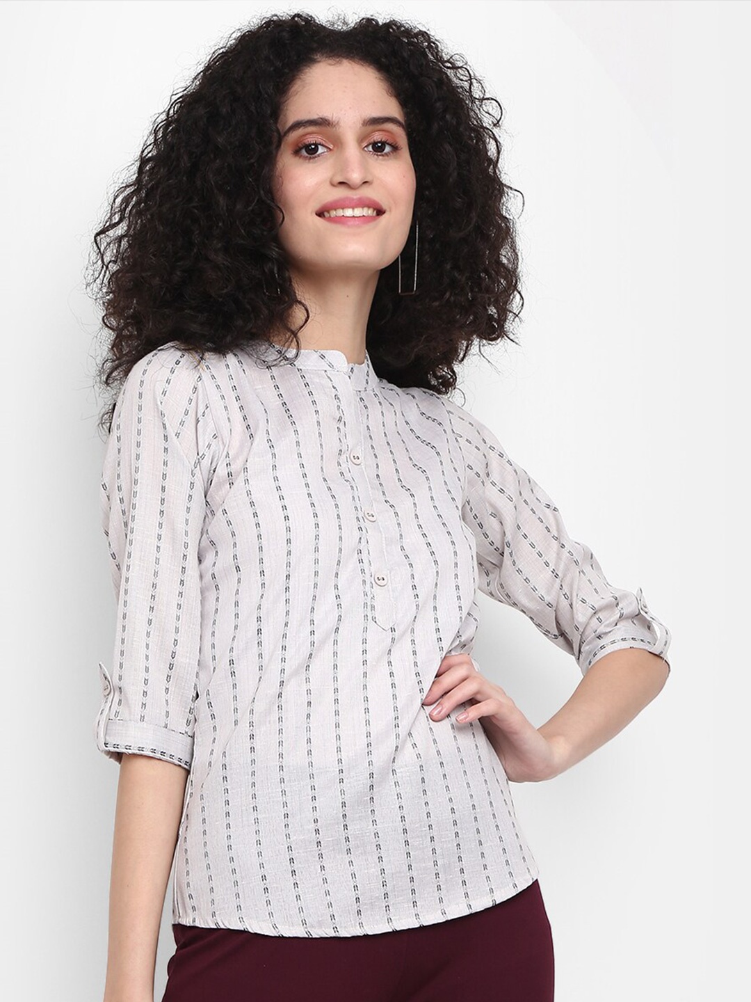 

V-Mart Mandarin Collar Roll-Up Sleeves Shirt Style Top, Grey