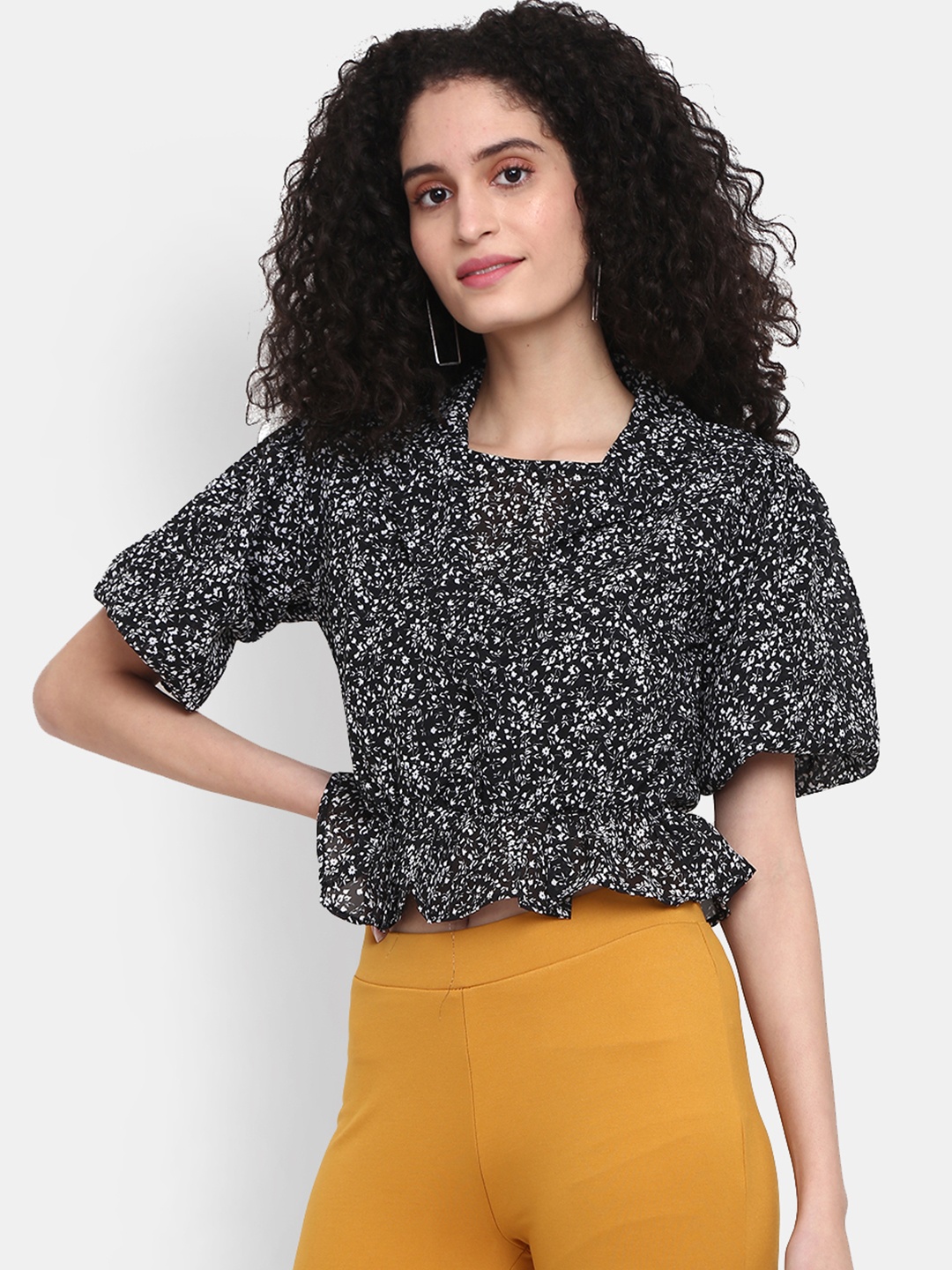 

V-Mart Floral Print Peplum Top, Black