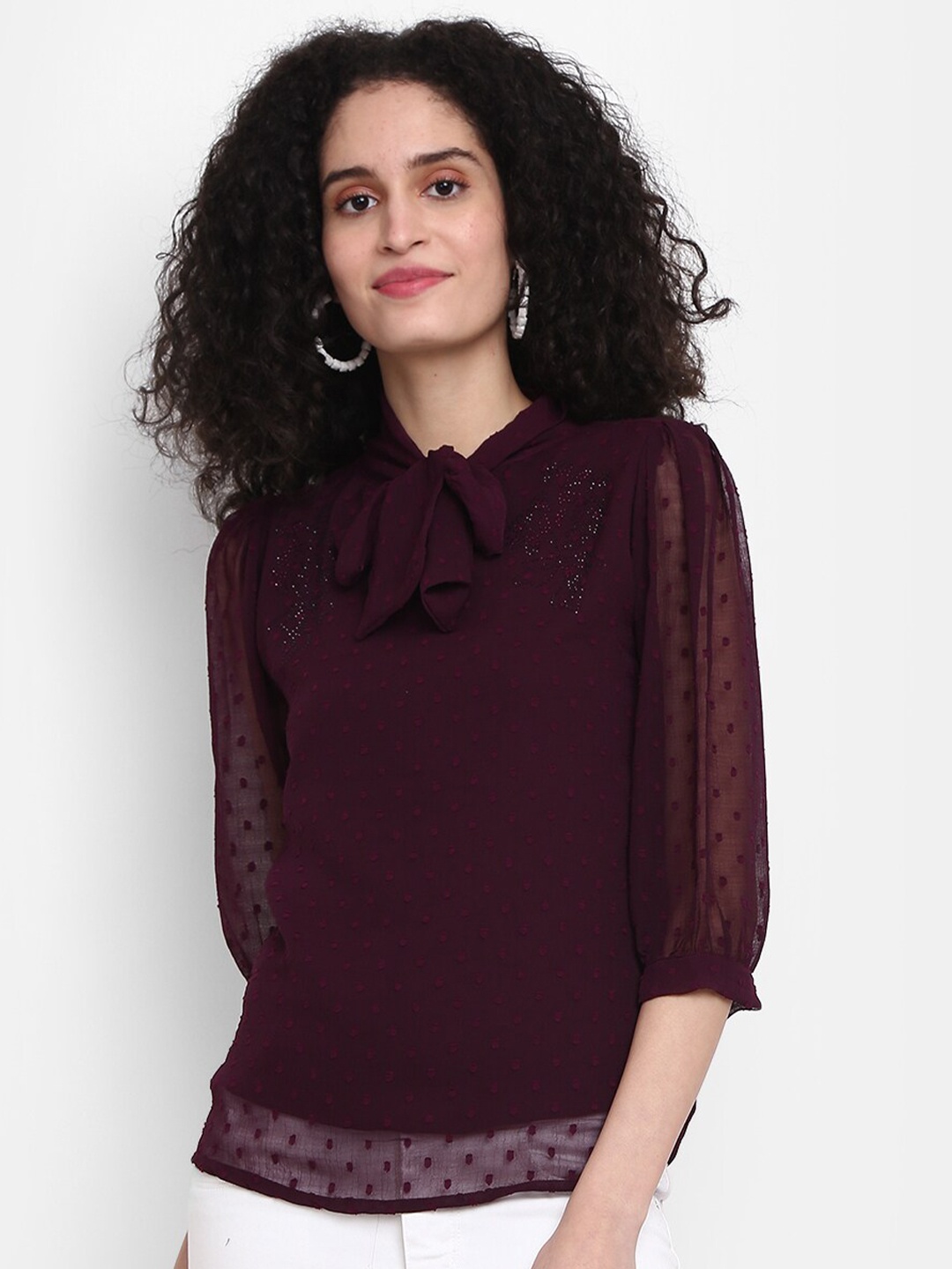 

V-Mart Self Design Tie-Up Neck Top, Burgundy