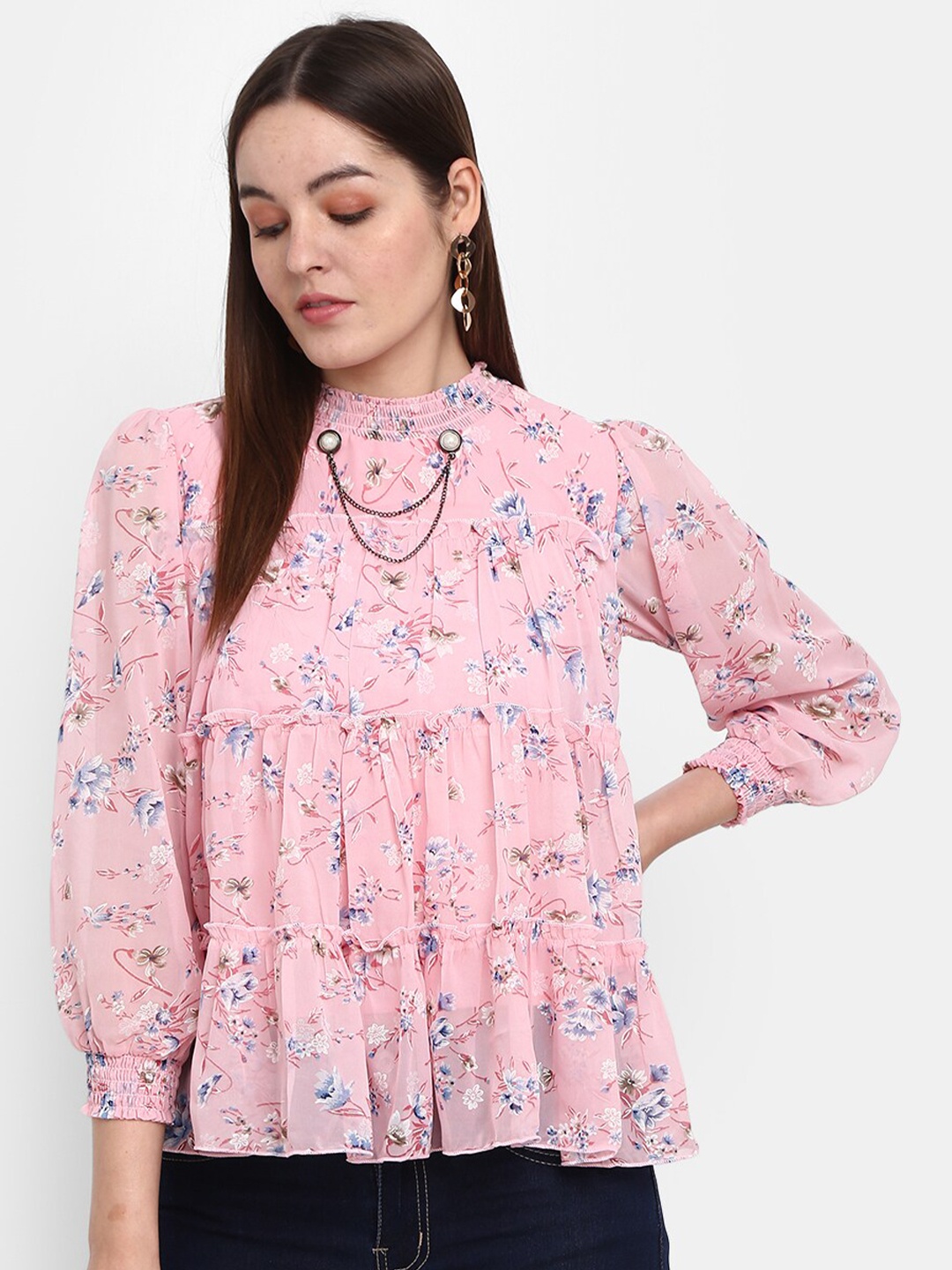 

V-Mart Floral Print Tiered Top, Pink