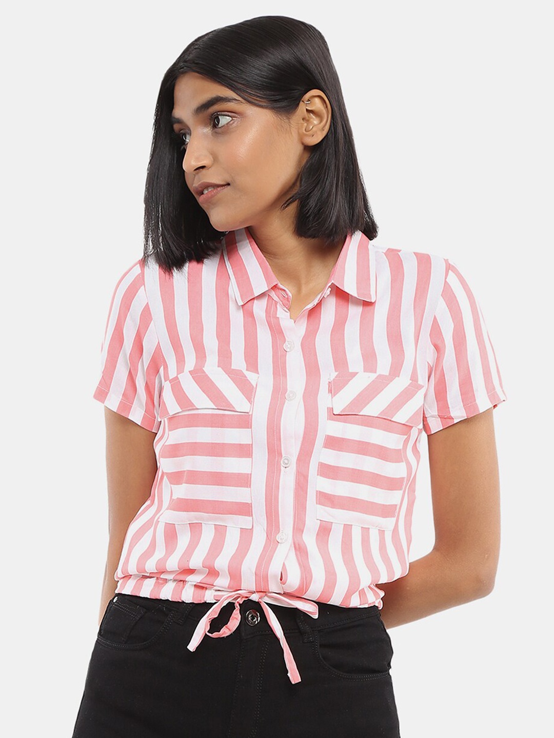 

V-Mart Striped Shirt Style Crop Top, Pink
