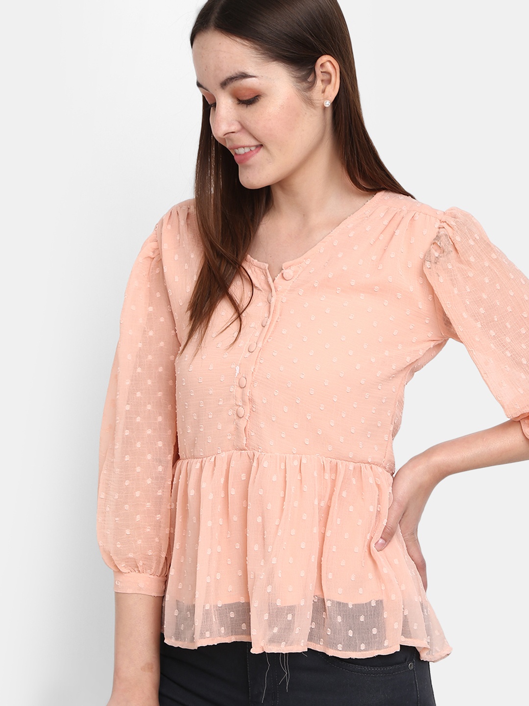 

V-Mart Self Design Peplum Top, Peach