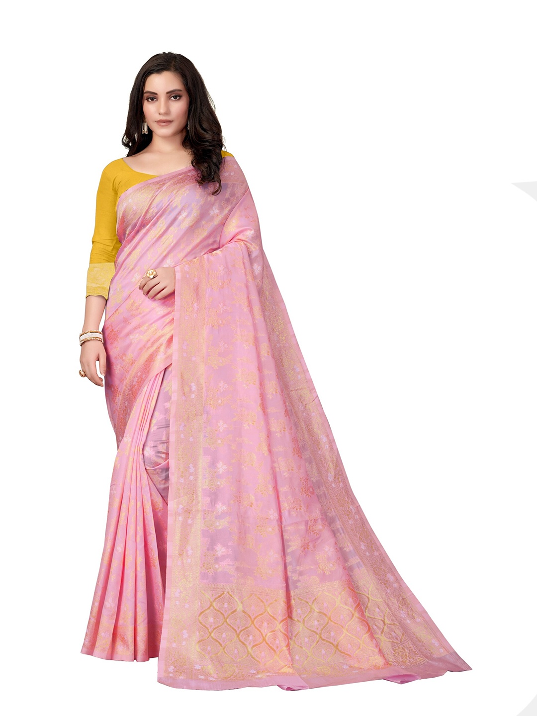 

eshami Ethnic Motifs Zari Silk Blend Saree, Pink