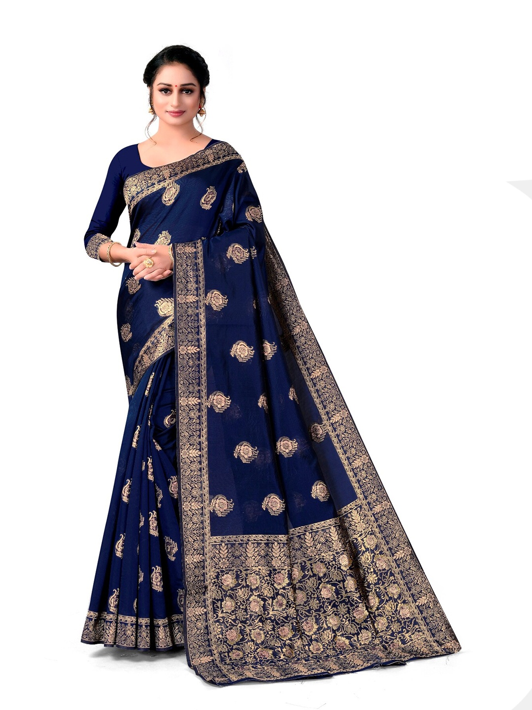 

eshami Woven Design Zari Silk Blend Saree, Navy blue