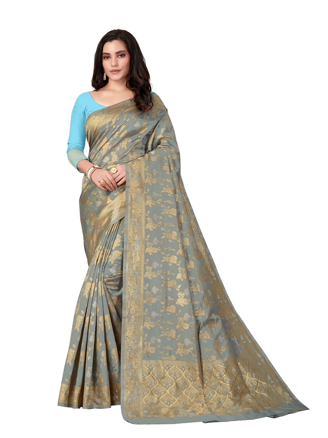 

eshami Woven Design Zari Silk Blend Saree With Blouse Piece, Grey