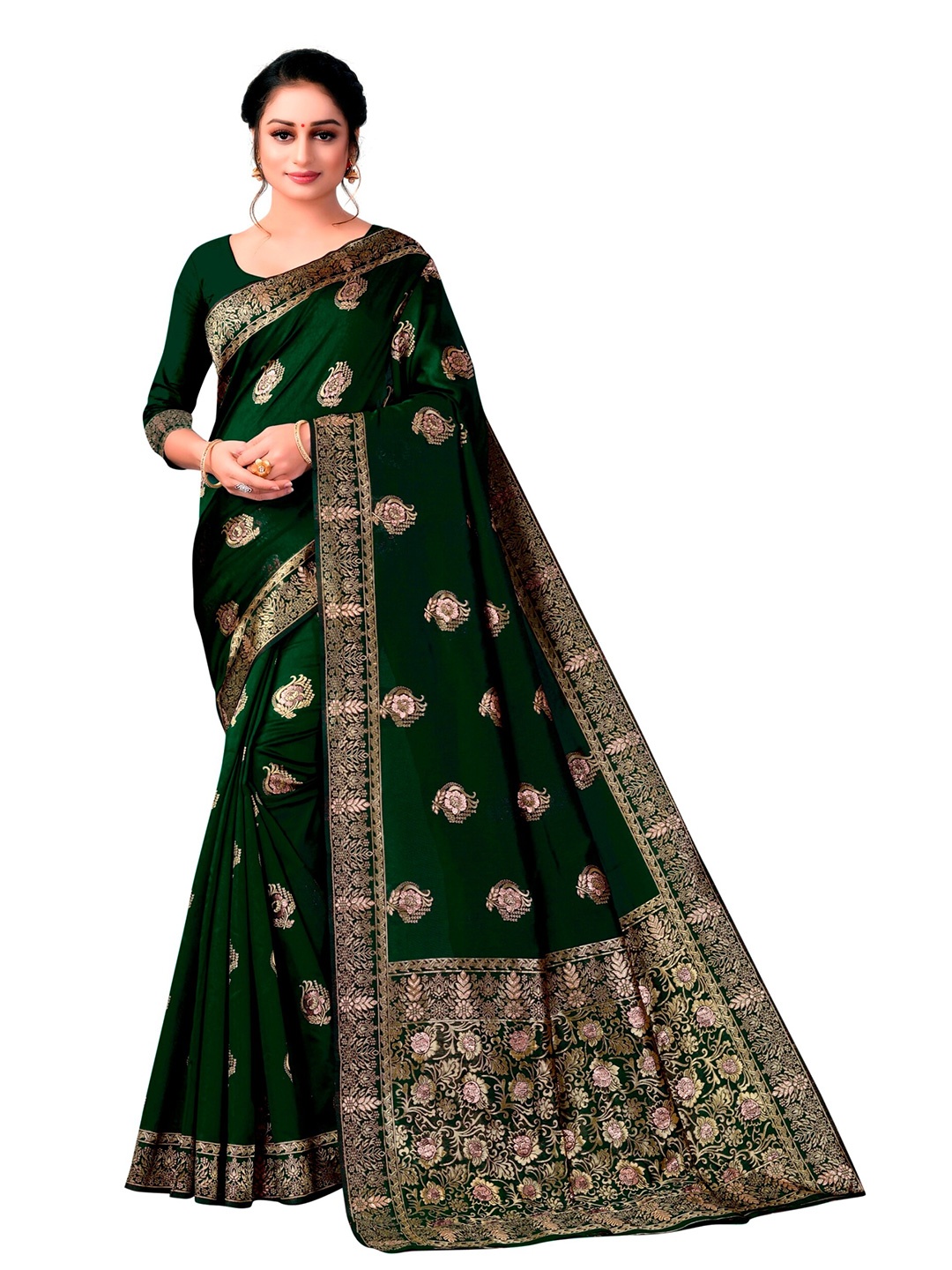 

eshami Woven Design Zari Silk Blend Saree, Lime green