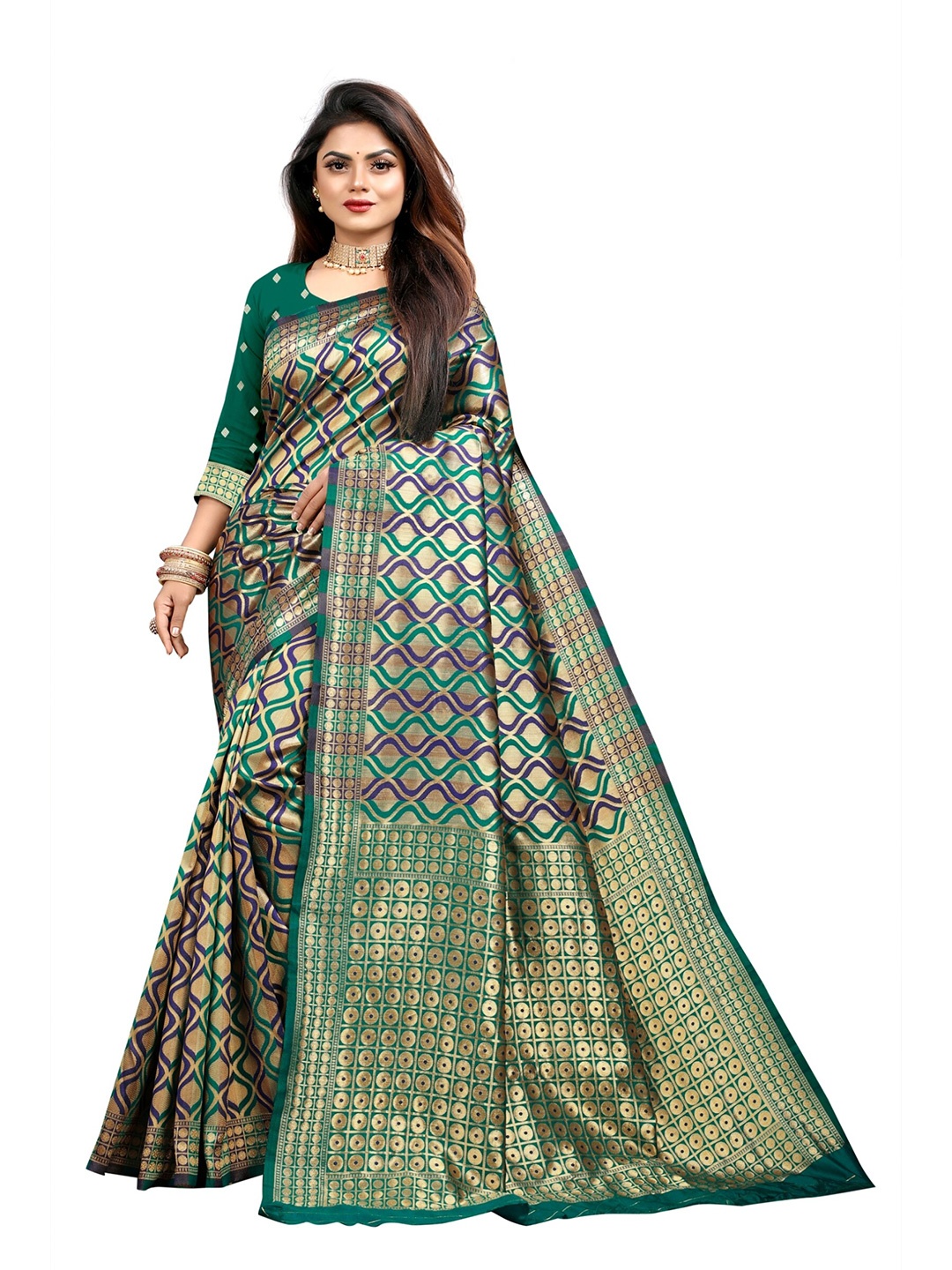 

eshami Woven Design Zari Silk Blend Saree, Green
