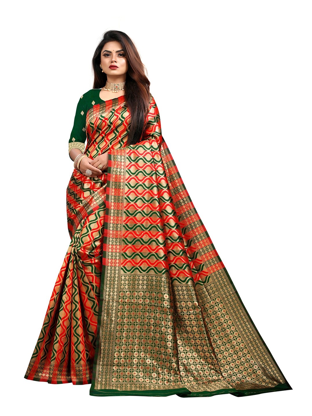 

eshami Woven Design Zari Silk Blend Saree, Lime green