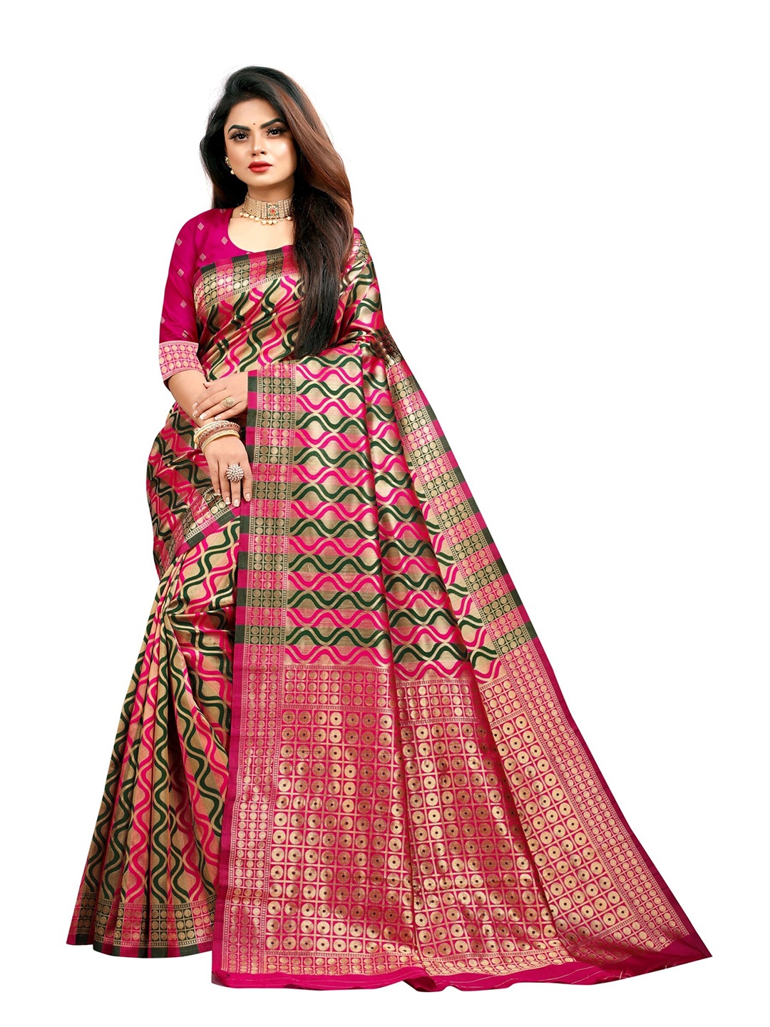 

eshami Woven Design Zari Silk Blend Saree, Magenta