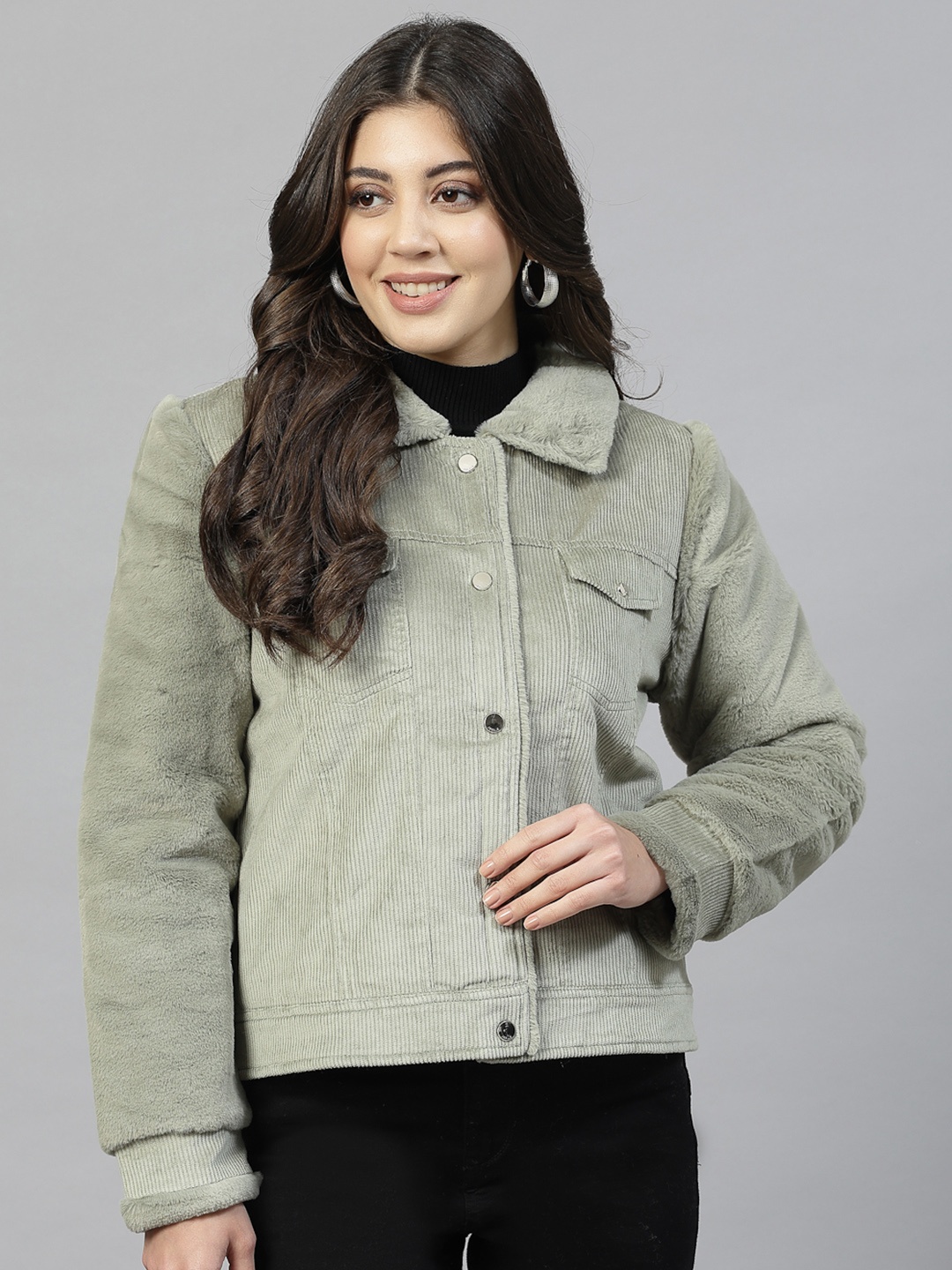 

Juelle Women Corduroy Open Front Jacket, Green