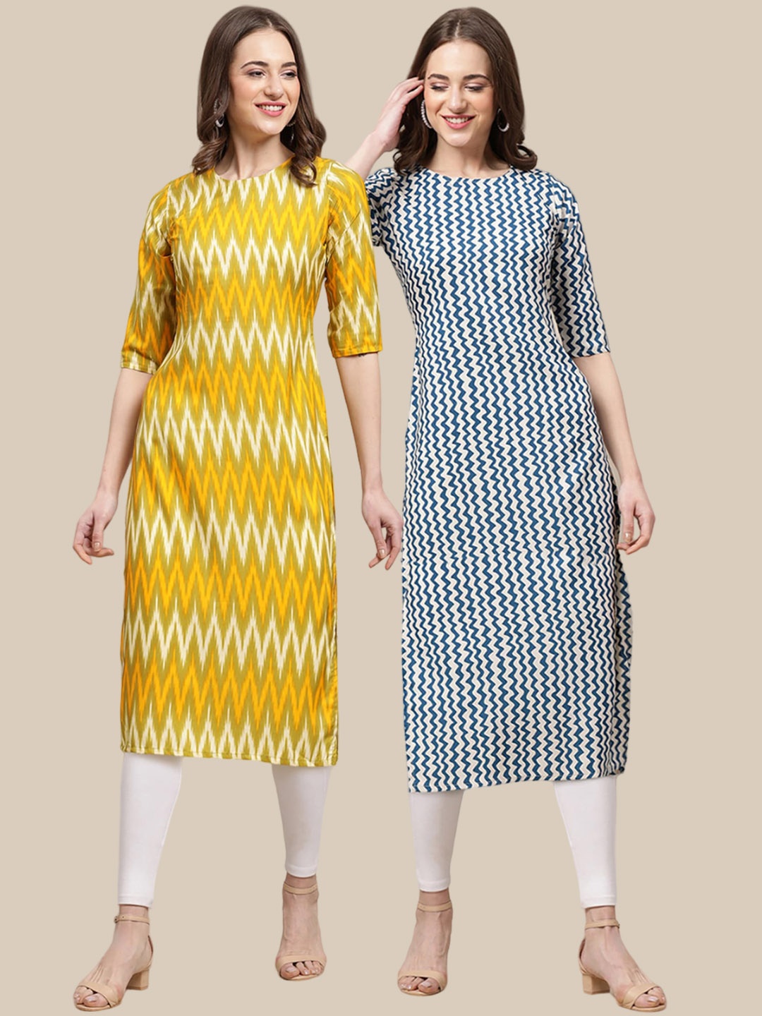 

7Threads Women Pack Of 2 Geometric Printed Crepe Kurtas, Yellow