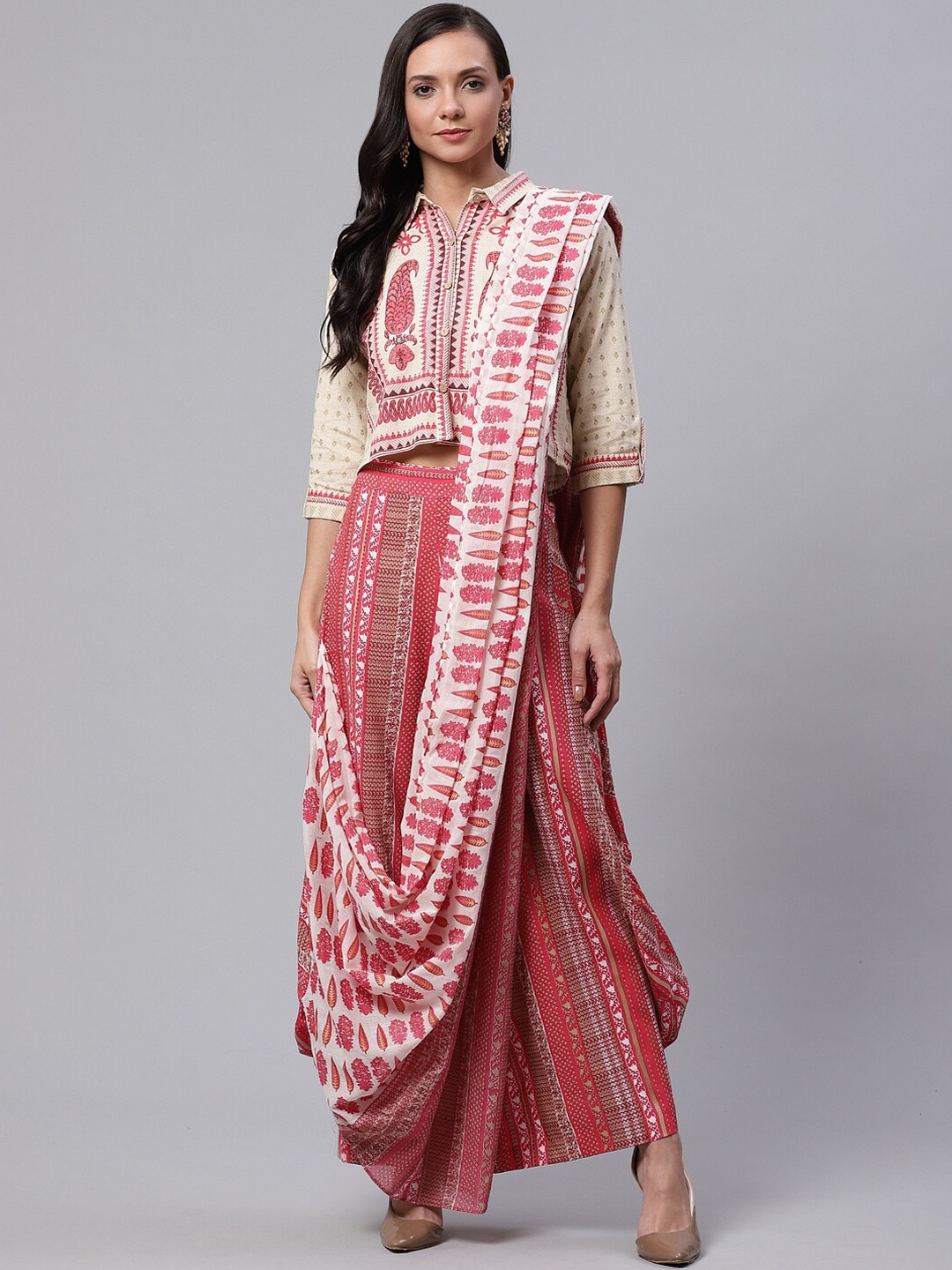 

Divena Women Ethnic Motifs Printed Pure Cotton Top with Palazzos & Dupatta, Peach