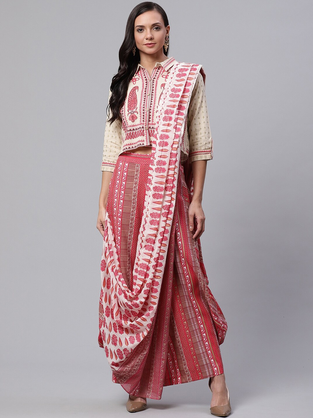 

Divena Women Ethnic Motifs Printed Pure Cotton Top with Palazzos & With Dupatta, Peach