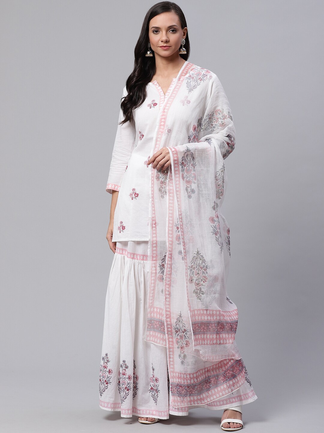 

Divena Floral Embroidered Pure Cotton Kurti with Sharara & With Dupatta, White